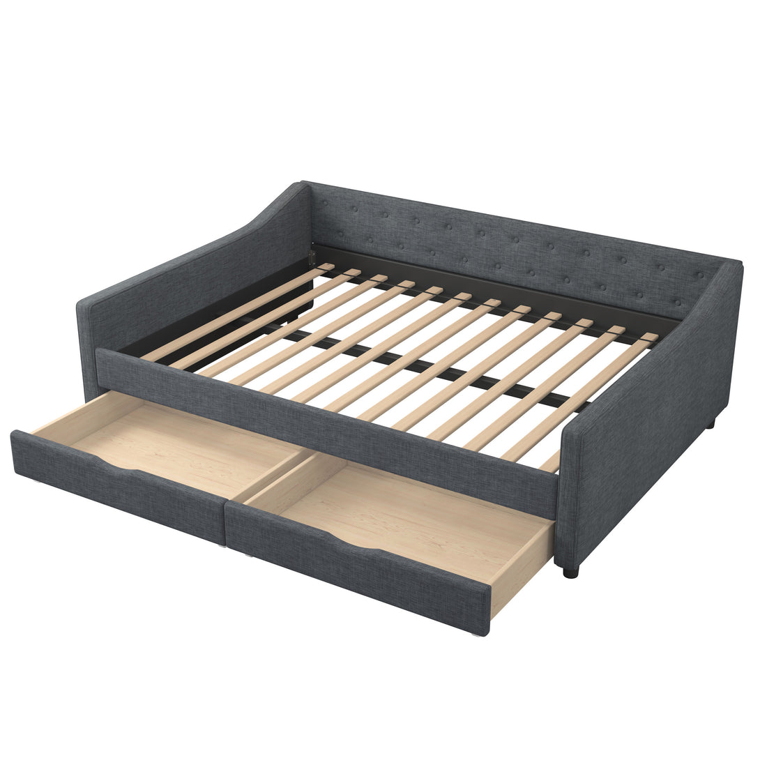 Full Size Daybed With Drawers Upholstered Tufted Sofa Bed, With Button On Back And Piping On Waved Shape Arms Dark Grey Full Dark Grey Wood Fabric
