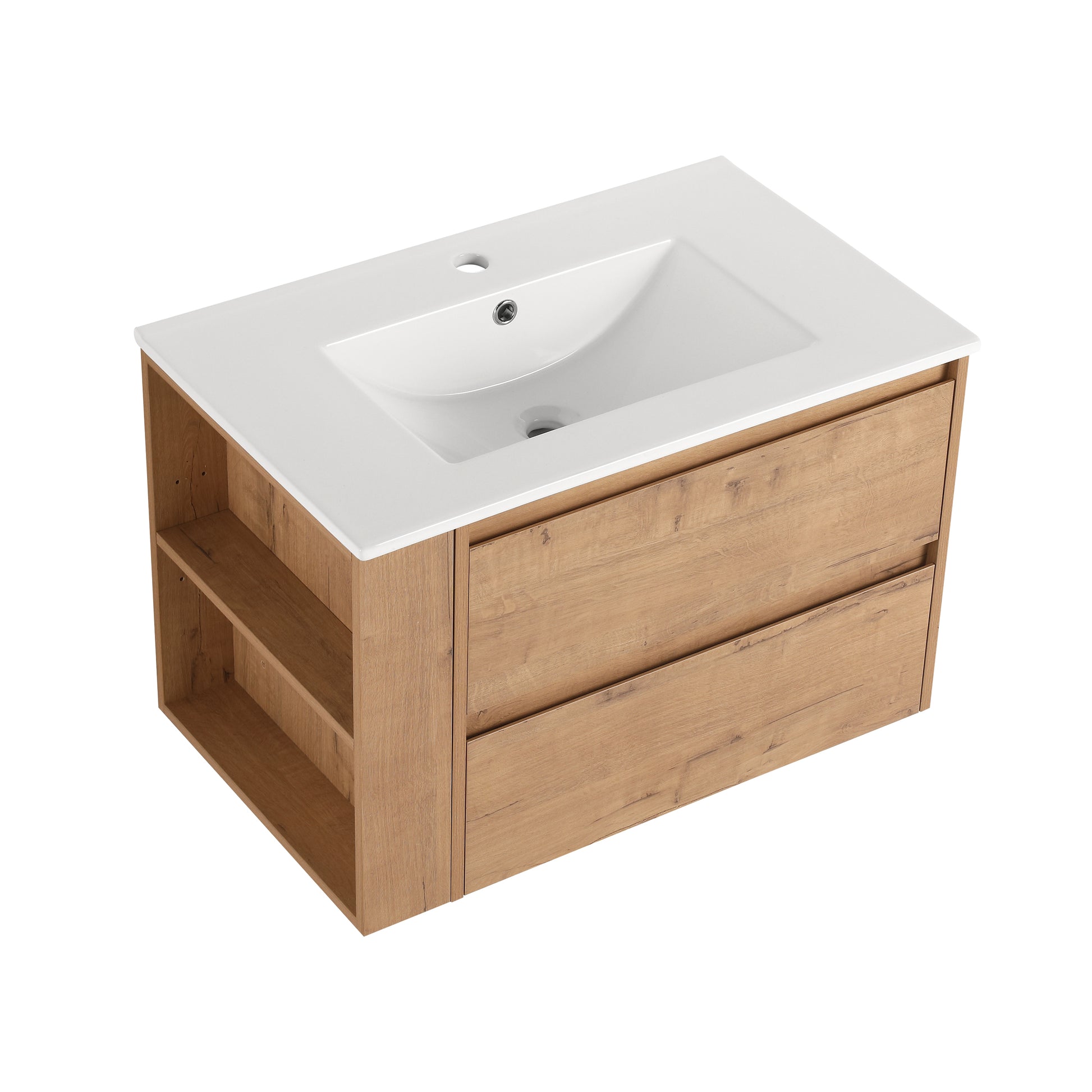 30" Wall Mounting Bathroom Vanity With Ceramic Sink, 2 Soft Close Drawer 2 Imitative Oak 1 Bathroom Wall Mounted Modern Plywood