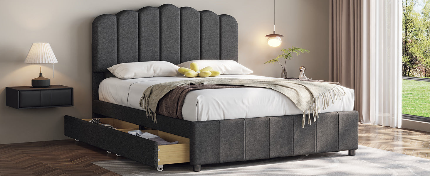 Full Size Upholstered Bed With 4 Storage Drawers,Wood Slat Support, Gray Full Gray Upholstered