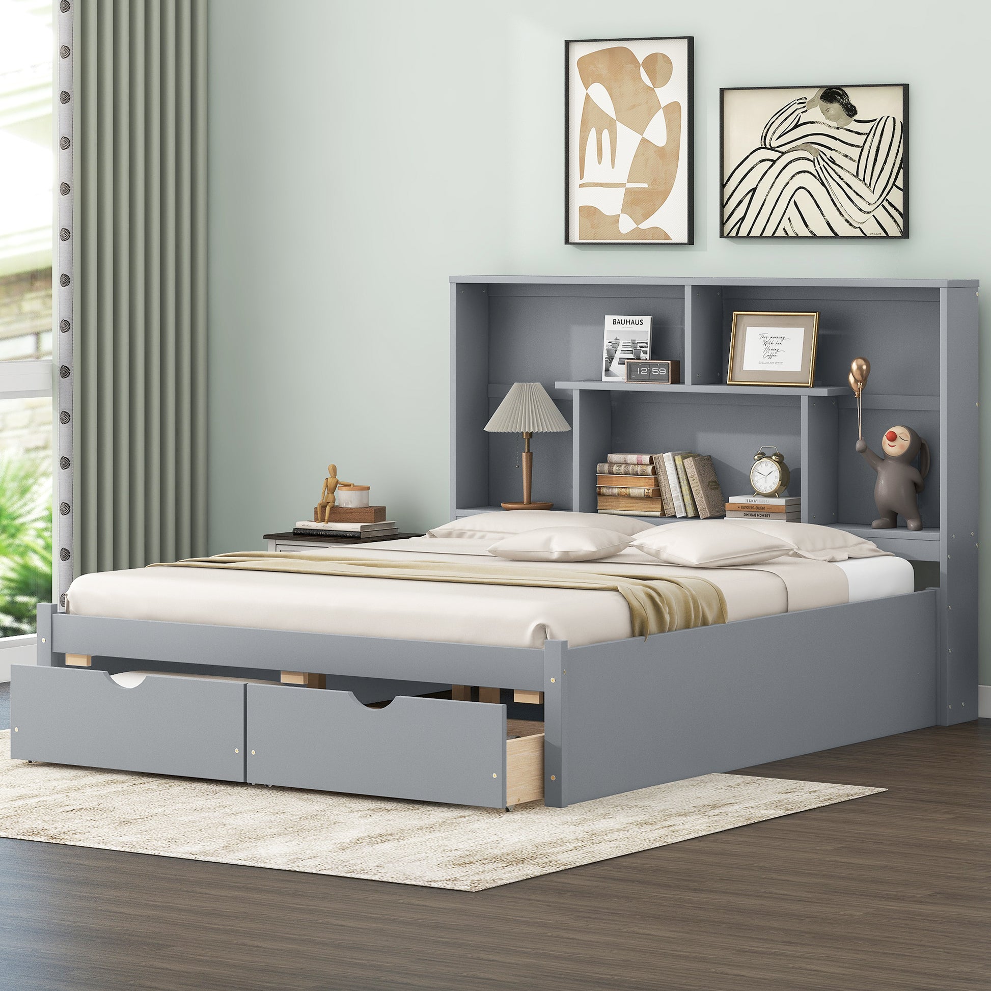 Queen Size Platform Bed With Storage Headboard And 2 Drawers, Gray Box Spring Not Required Queen Gray Wood Bedroom Bed Frame Solid Wood Mdf
