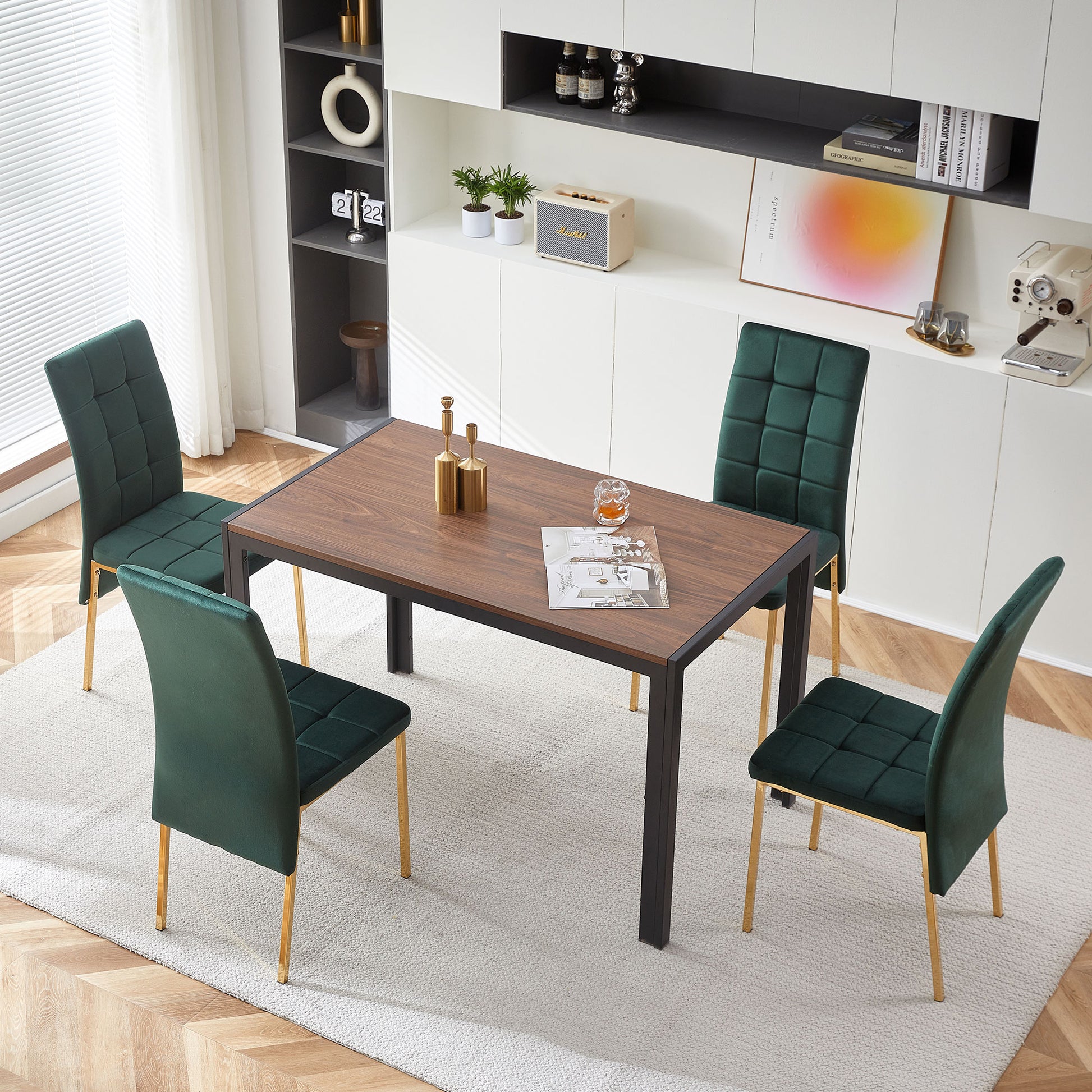 5 Piece Dining Set Including Green Velvet High Back Golden Color Legs Nordic Dining Chair & Creative Design Mdf Dining Table Walnut Solid Back Seats 4 Brown Metal Dining Room Modern Foam Dining Table With Chair Mdf