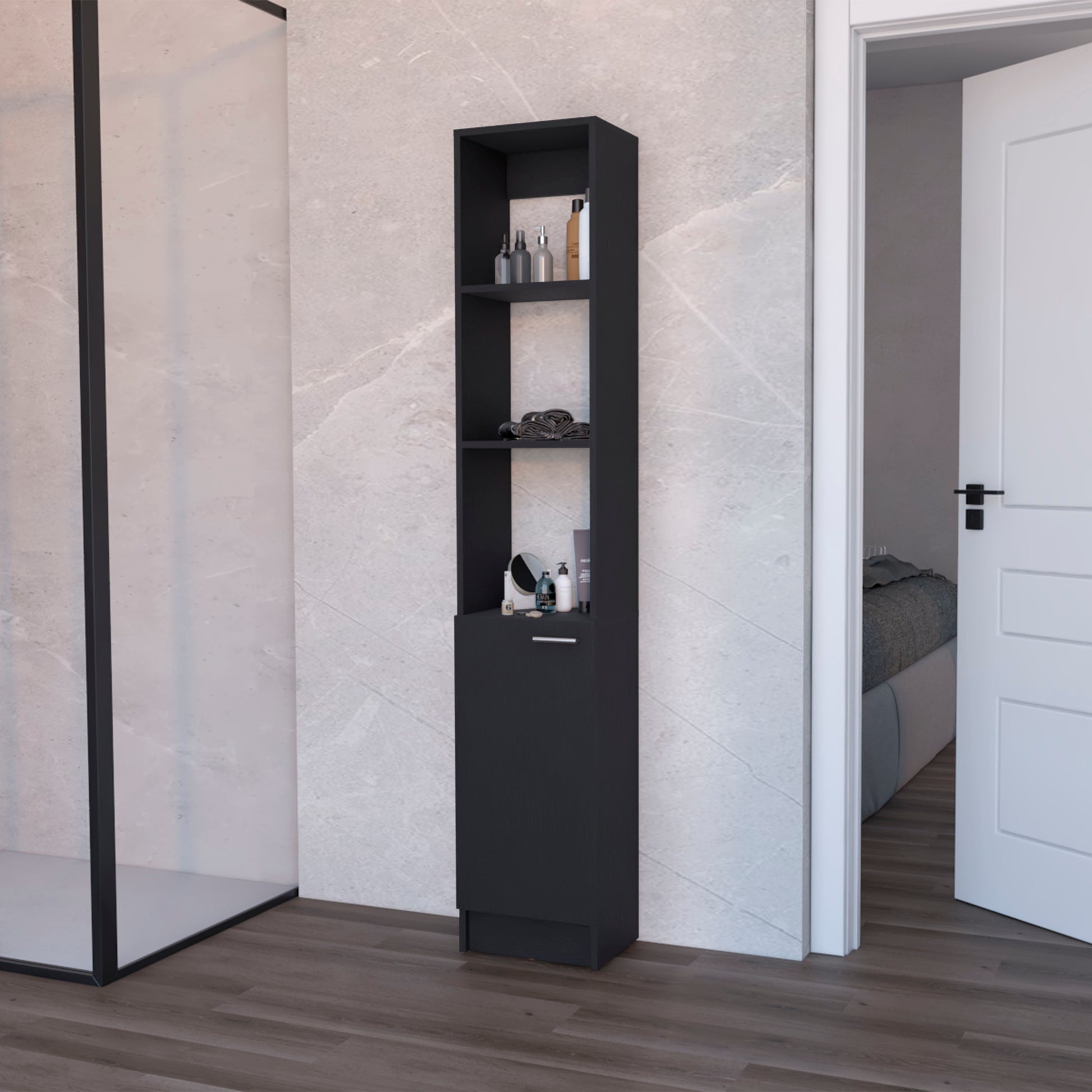 Brenda Linen Cabinet With 1 Door, 3 Open Shelves Black 1 5 60 In & Above Bathroom 10 15 Inches Particle Board Engineered Wood