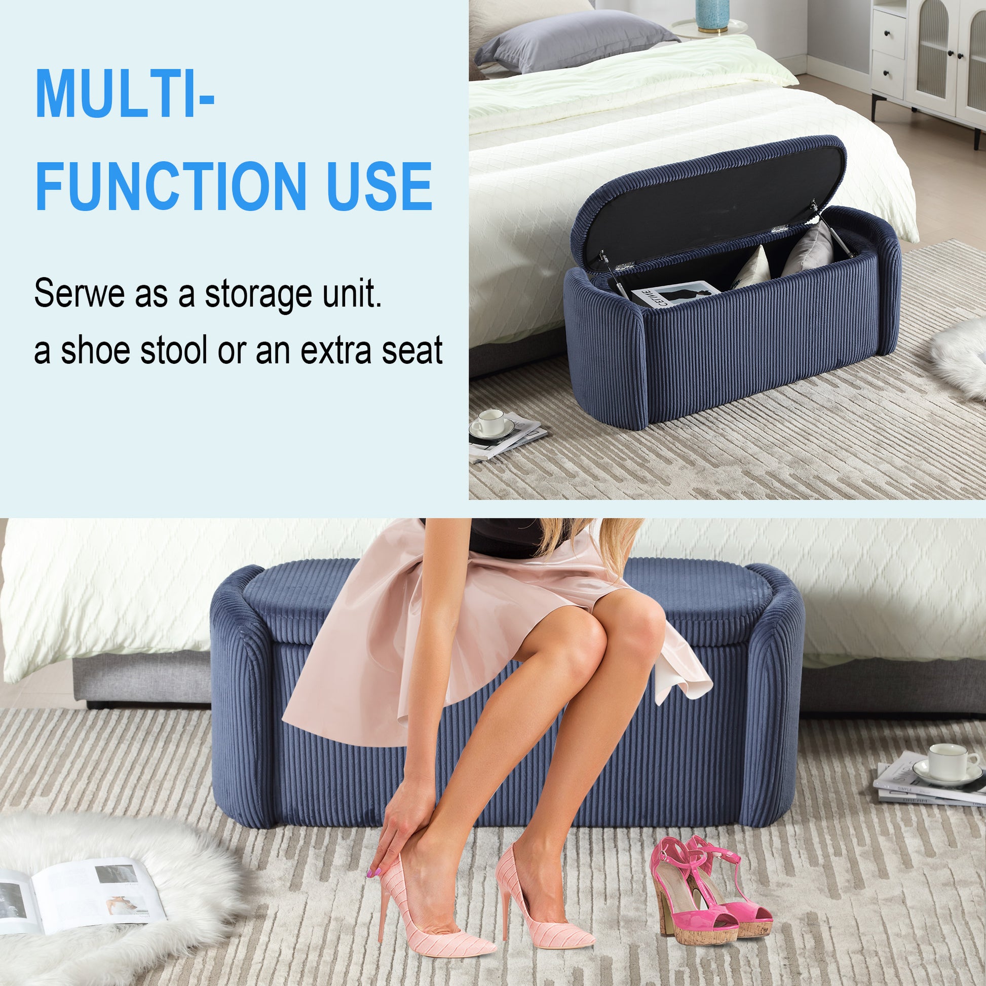 Coolmore Storage Ottoman,Bedroom End Bench,Upholstered Fabric Storage Ottoman With Safety Hinge, Entryway Padded Footstool, Ottoman Bench For Living Room & Bedroom Navy Navy Primary Living Space Foam Corduroy
