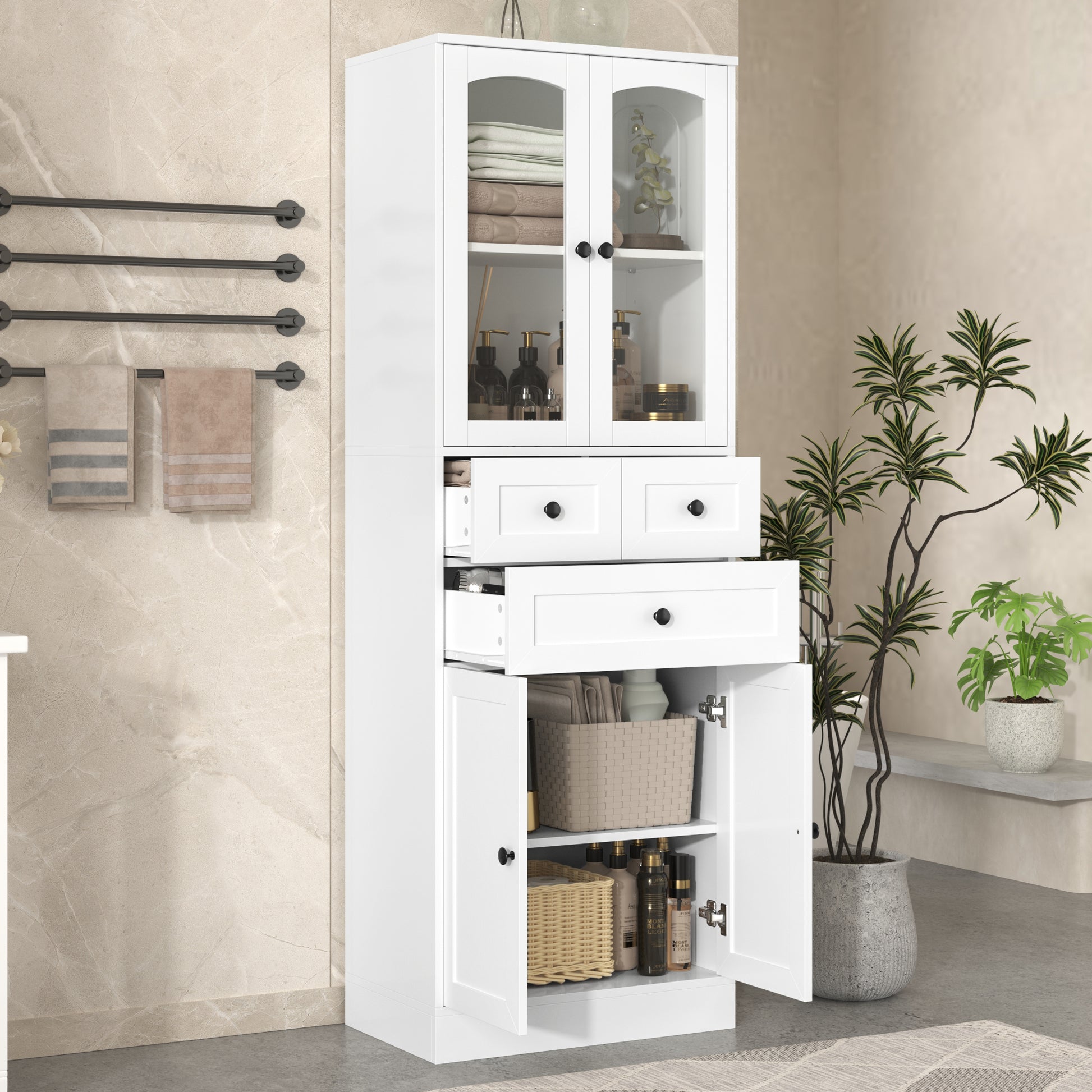 Tall Bathroom Storage Cabinet, Cabinet With Four Doors And Drawers, Adjustable Shelf, Mdf Board, White White Mdf