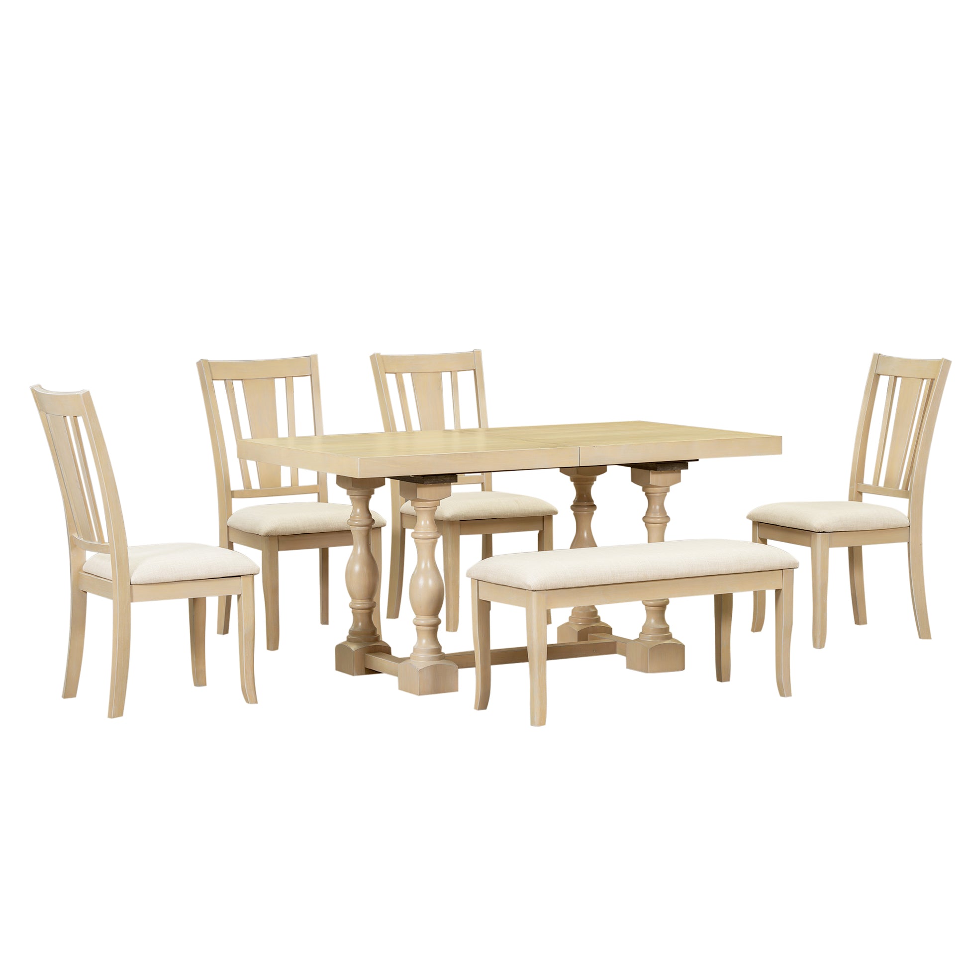 Traditional 6 Piece 78Inch Trestle Extendable Dining Table Set With One 18Inch Removable Leaf, Padded Dining Chairs And Bench,Natural Wood Dining Room Solid Wood Rubberwood Rectangular Dining Table With Chair And Bench Upholstered Chair Wood Natural Slat