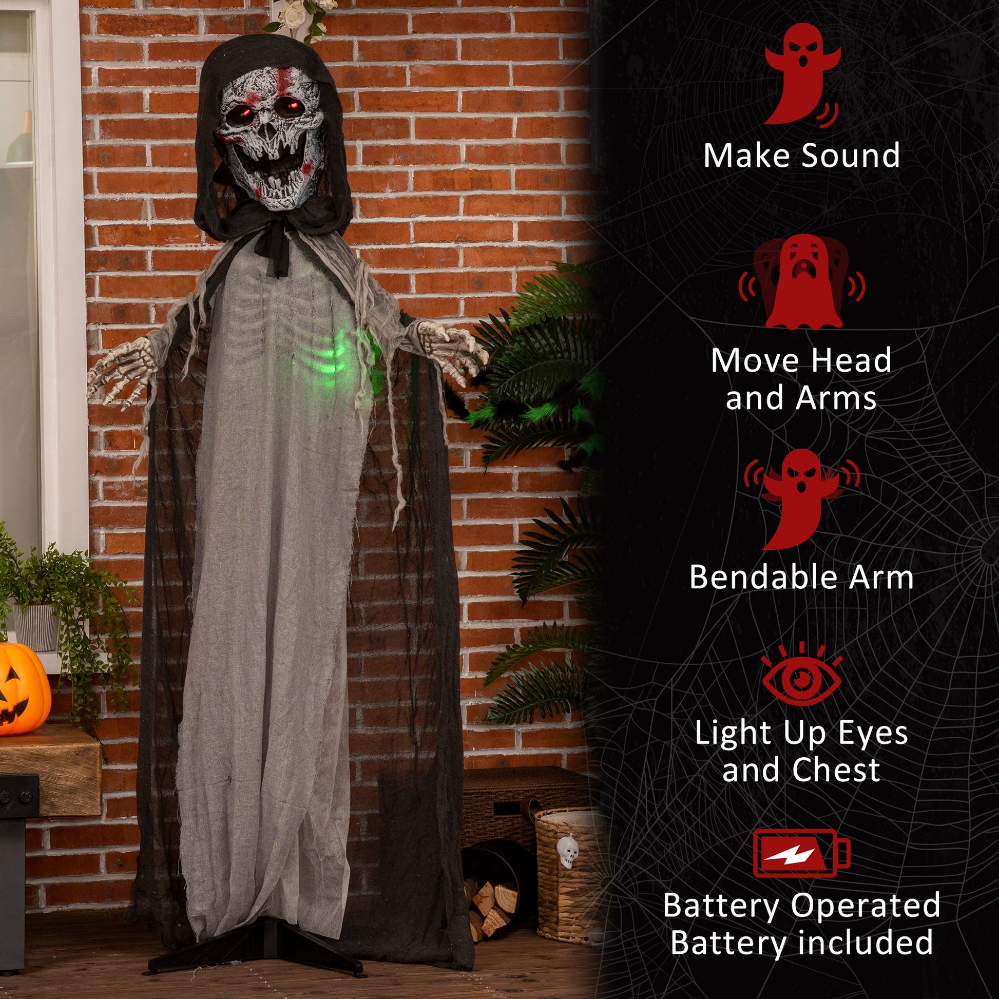 Outsunny 74" Life Size Outdoor Halloween Decorations Skeleton Witch, Animated Prop Animatronic Decor With Sound And Motion Activated, Light Up Eyes And Chest, Howling And Chain Sound Grey Polyester