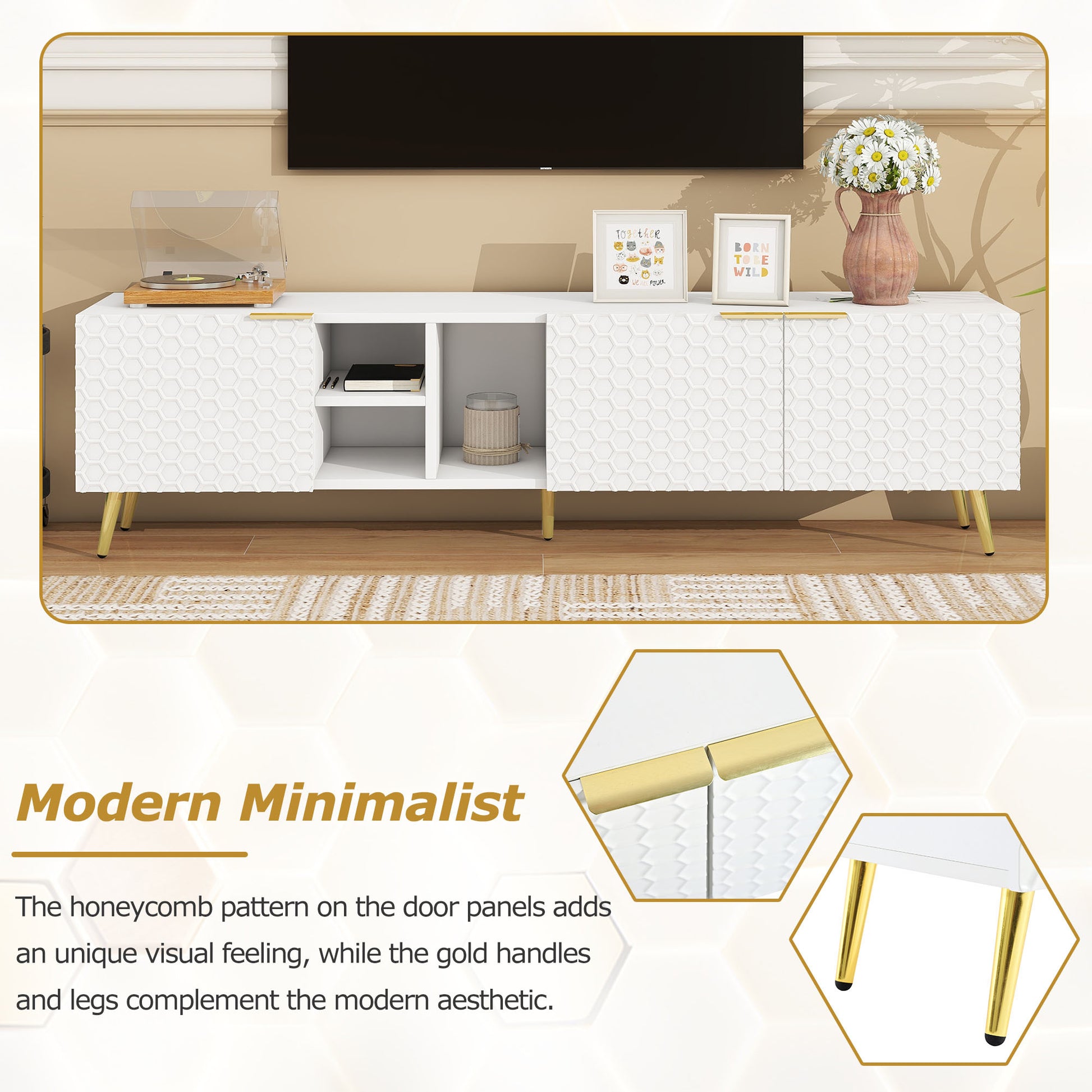 Modern Minimalist Geometric Tv Cabinet With Metal Handles And Gold Legs For Tvs Up To 80'', Multi Functional Tv Stand With Storage Cabinets, Entertainment Center For Living Room, White White Gold Primary Living Space 80 89 Inches 80 89 Inches 80 Inches