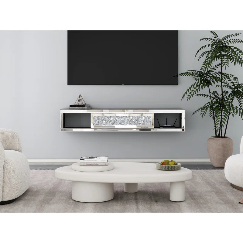 Modern Mirrored Diamond Finish Floating Wall Mounted Tv Stand Silver Primary Living Space 40 49 Inches Luxury,Modern 50 Inches Mdf Glass,Mirror