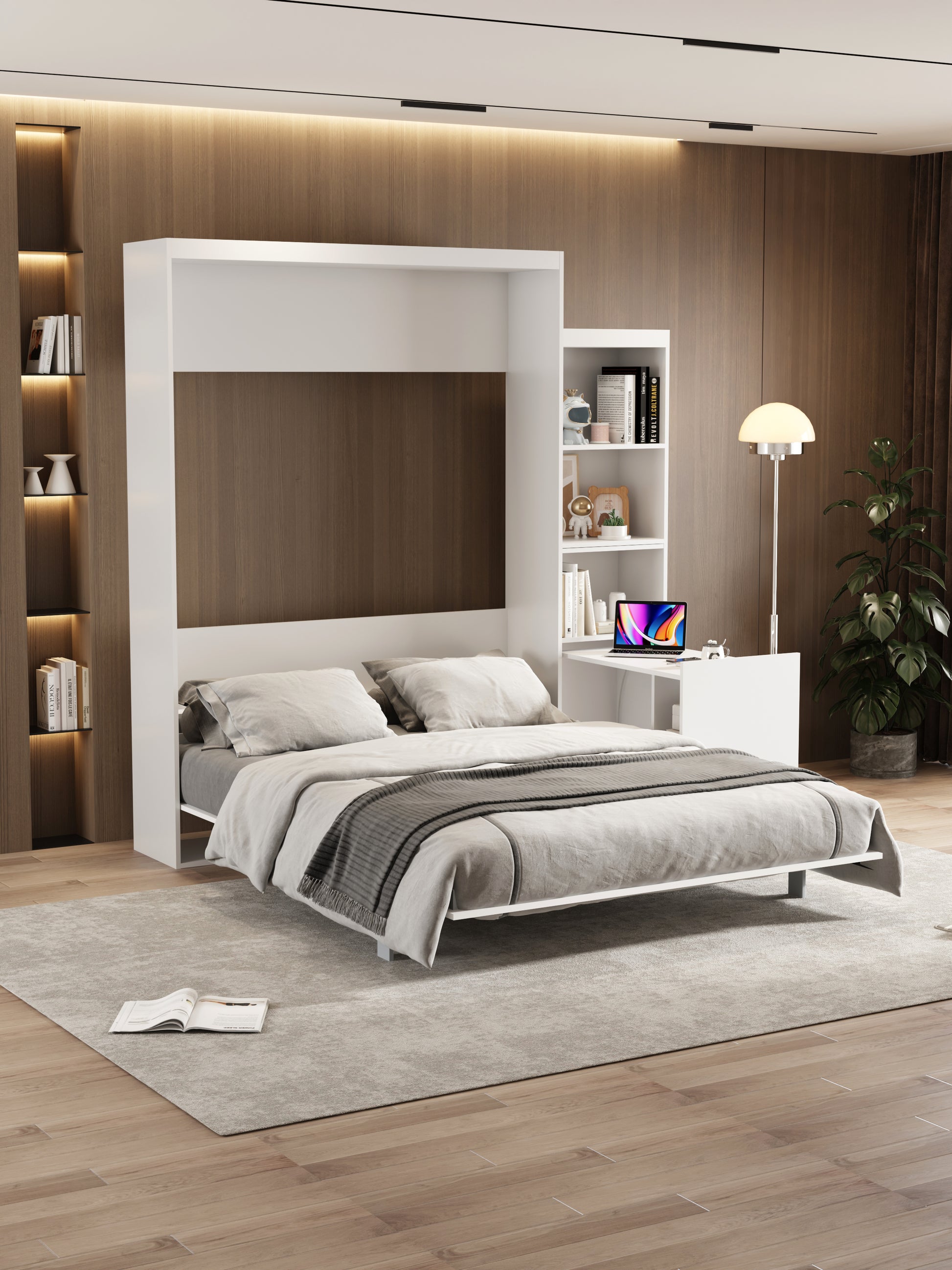 Queen Size Morden Deisgn Big Size Vertical Murphy Bed With Table And Shelf For Bedroom Or Guestroom White Wall Bed Space Saving Hidden Bed With Style Gas Struts Box Spring Not Required Queen White Metal Bedroom Murphy Plywood