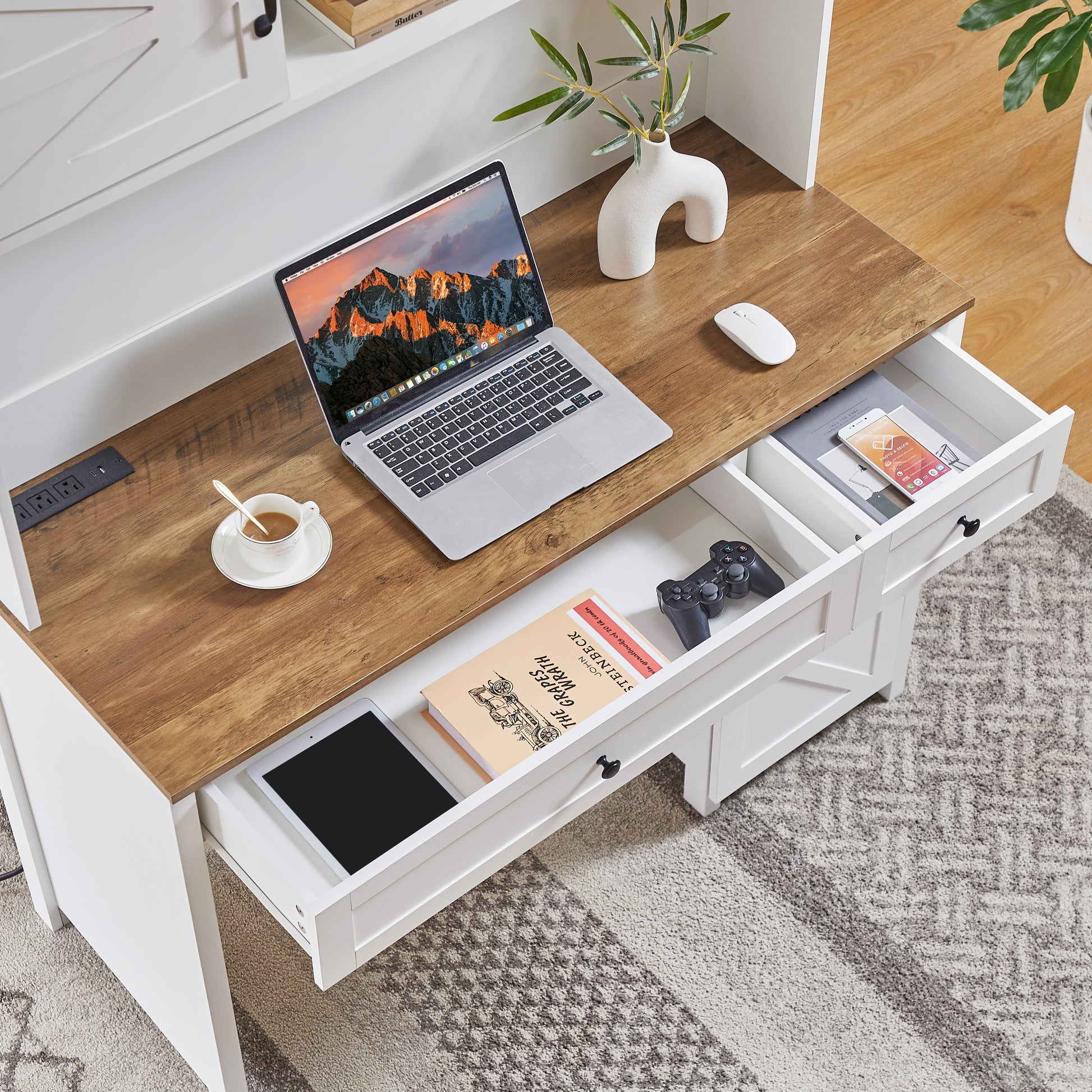 52" Farmhouse Executive Desk With Drawers, Wood Home Office Desk W Charging Station, File Drawer, Storage Cabinet, Rustic Computer Writing Desk Antique White White White Particle Board