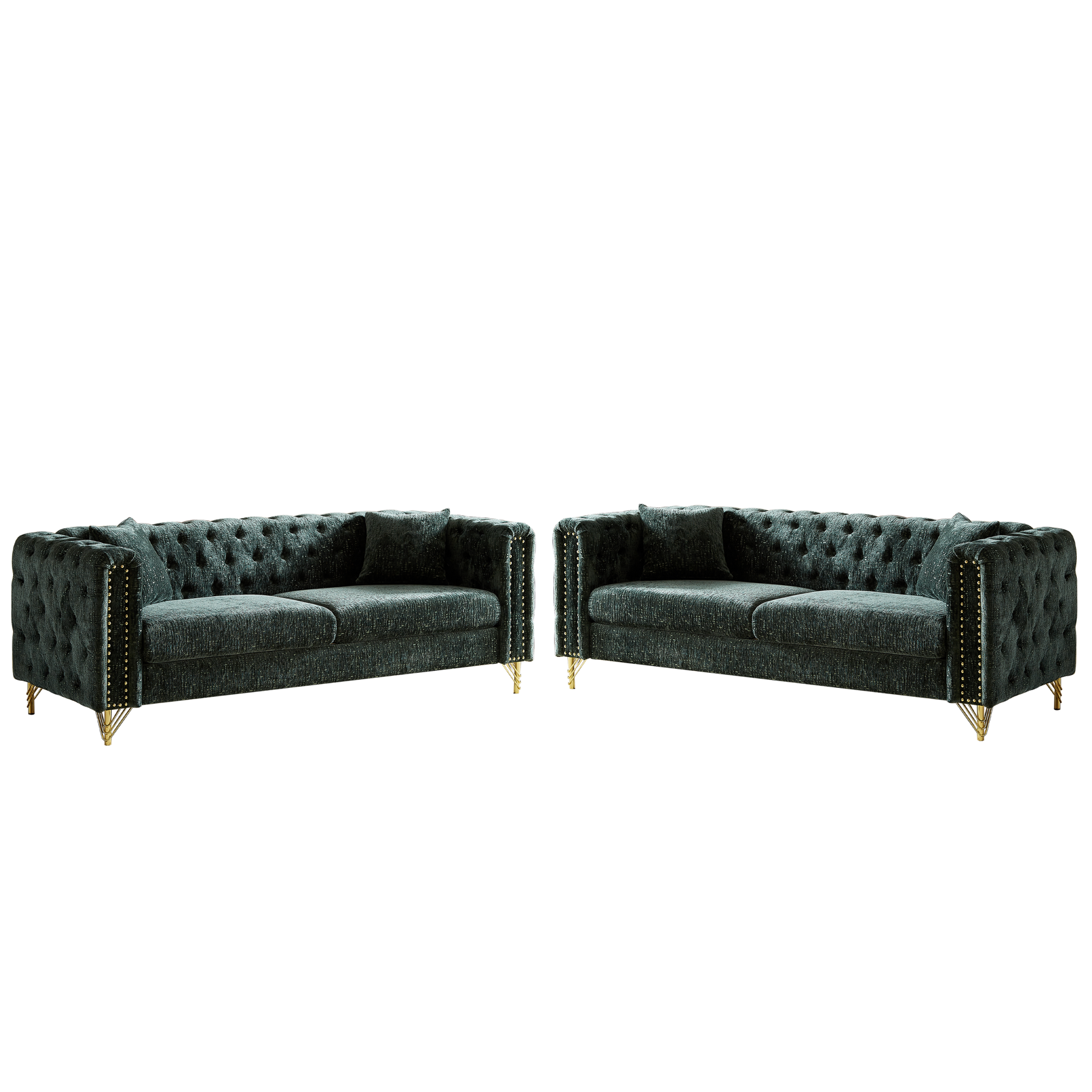 Chenille Pull Buckle Design Sofa For Living Room,Buttons Tufted With Copper Nail Decoration Armrest, Modern Couch Upholstered Button And Metal Legs Green Foam Chenille 6 Seat