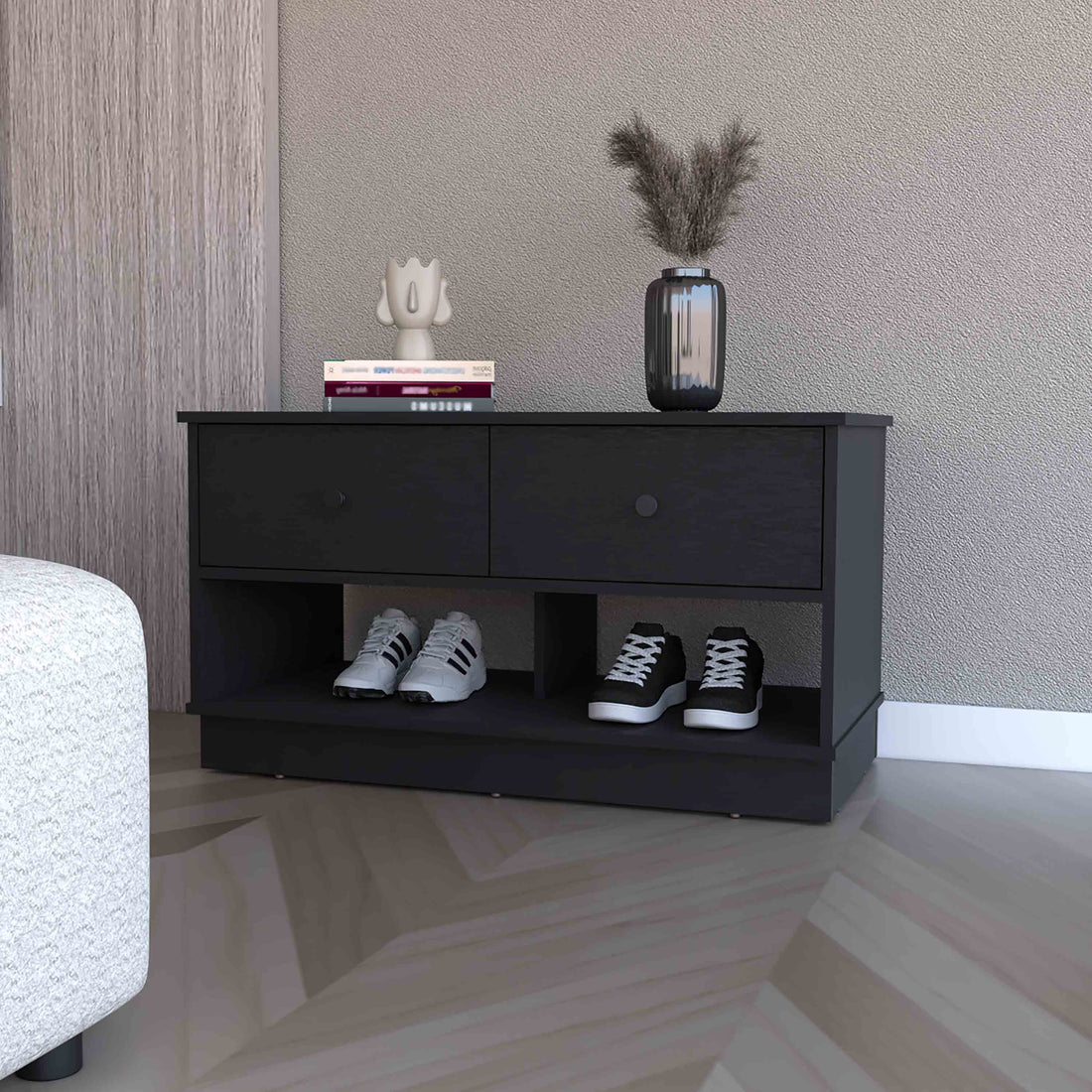 Tulip Storage Bench, Two Drawers, Two Shelves Black Mdf Engineered Wood