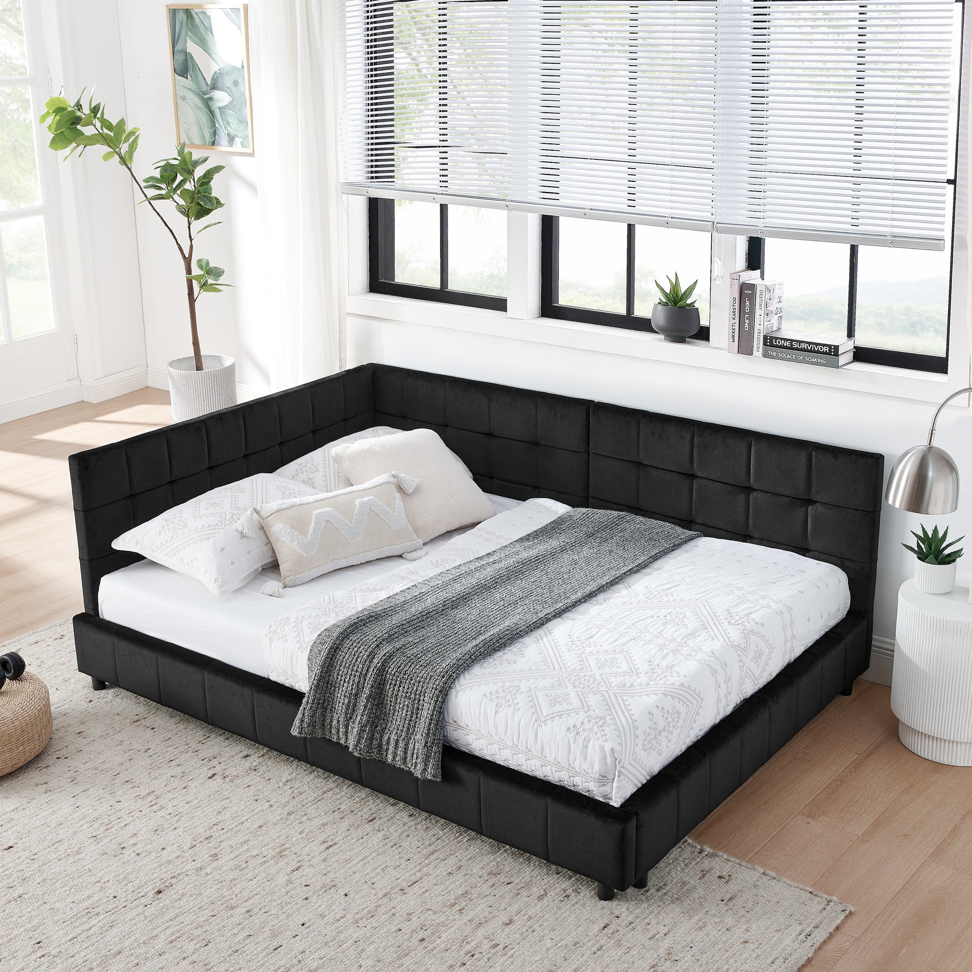 Full Size Upholstered Tufted Bed Frame, Sofa Bed Frame With Comfortable Backrest And Armrests, Full Size Bed For Bedroom, Living Room,Velvet, Black 80.5''*59''*30.5'' Box Spring Not Required Full