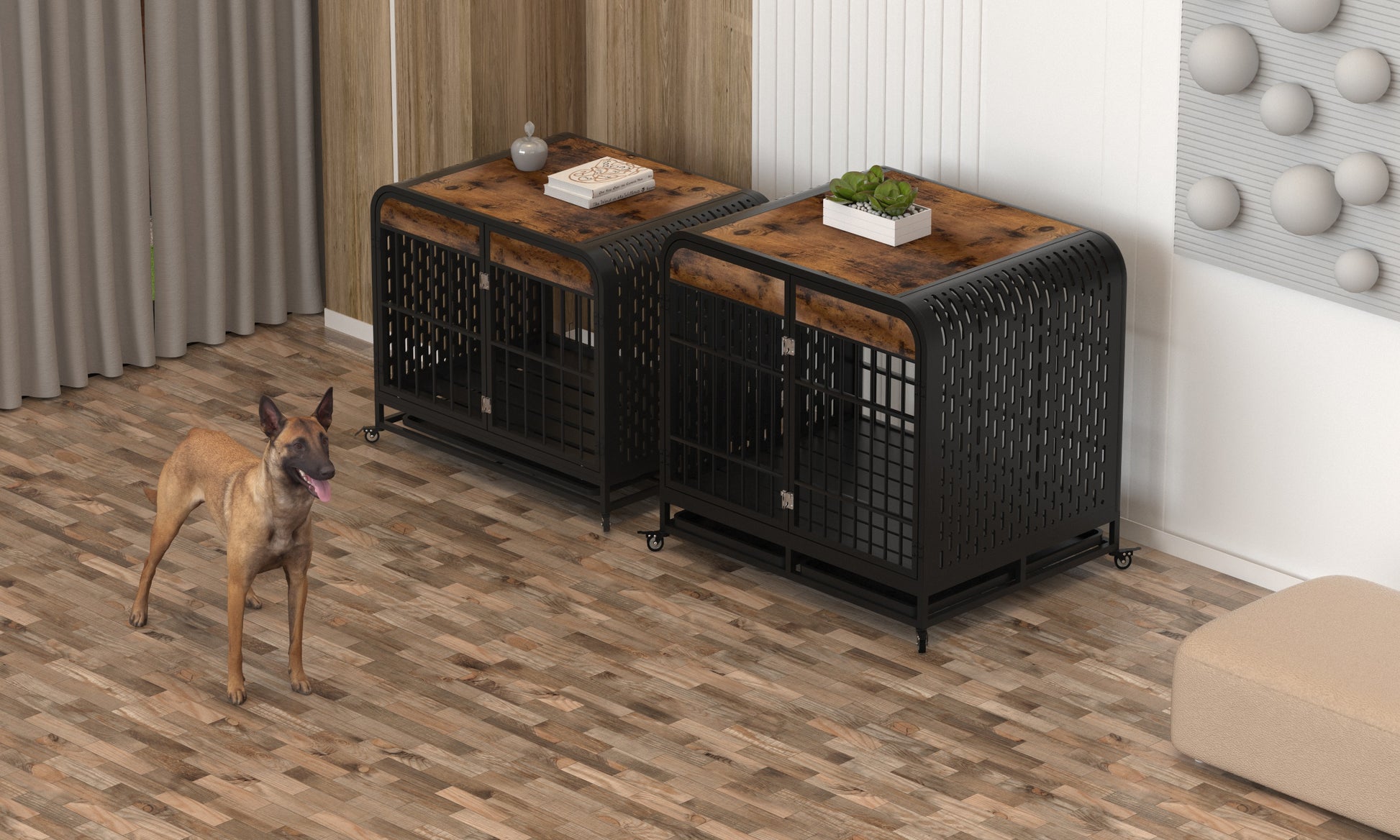 Heavy Duty Dog Crate Furniture Wooden Table Pet Dog Cage Kennel House Indoor Side End Table Decor With Removable Trays And Lockable Wheels For Medium And Large Dogs 40" Brown Brown Outdoor Kennel Medium 26 40 Lbs Mdf Steel