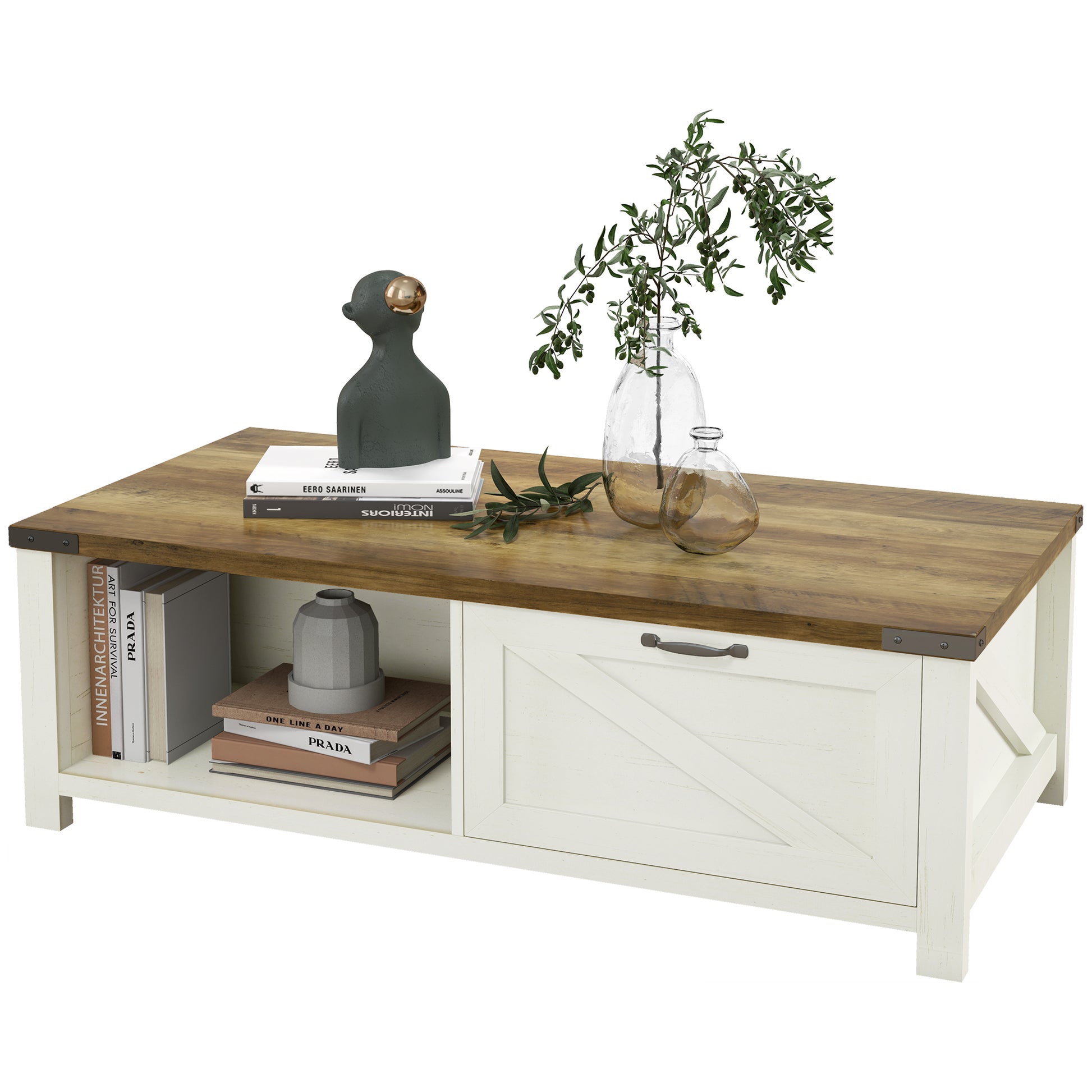 Homcom Farmhouse Coffee Table With Storage And Drawer, Rustic Coffee Table For Living Room, Open Shelf, White White Deep Walnut Particle Board