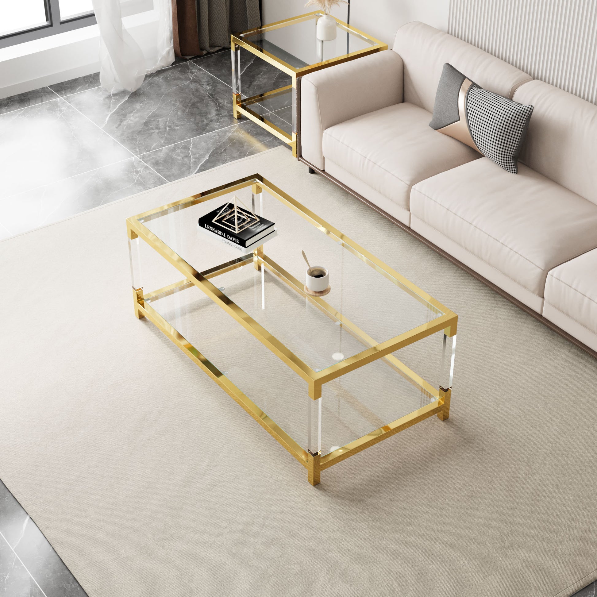 Modern Minimalist Style Gold Metal Frame With Acrylic Leg Coffee Table Cs 1195 Golden,Transparent Glass Acrylic