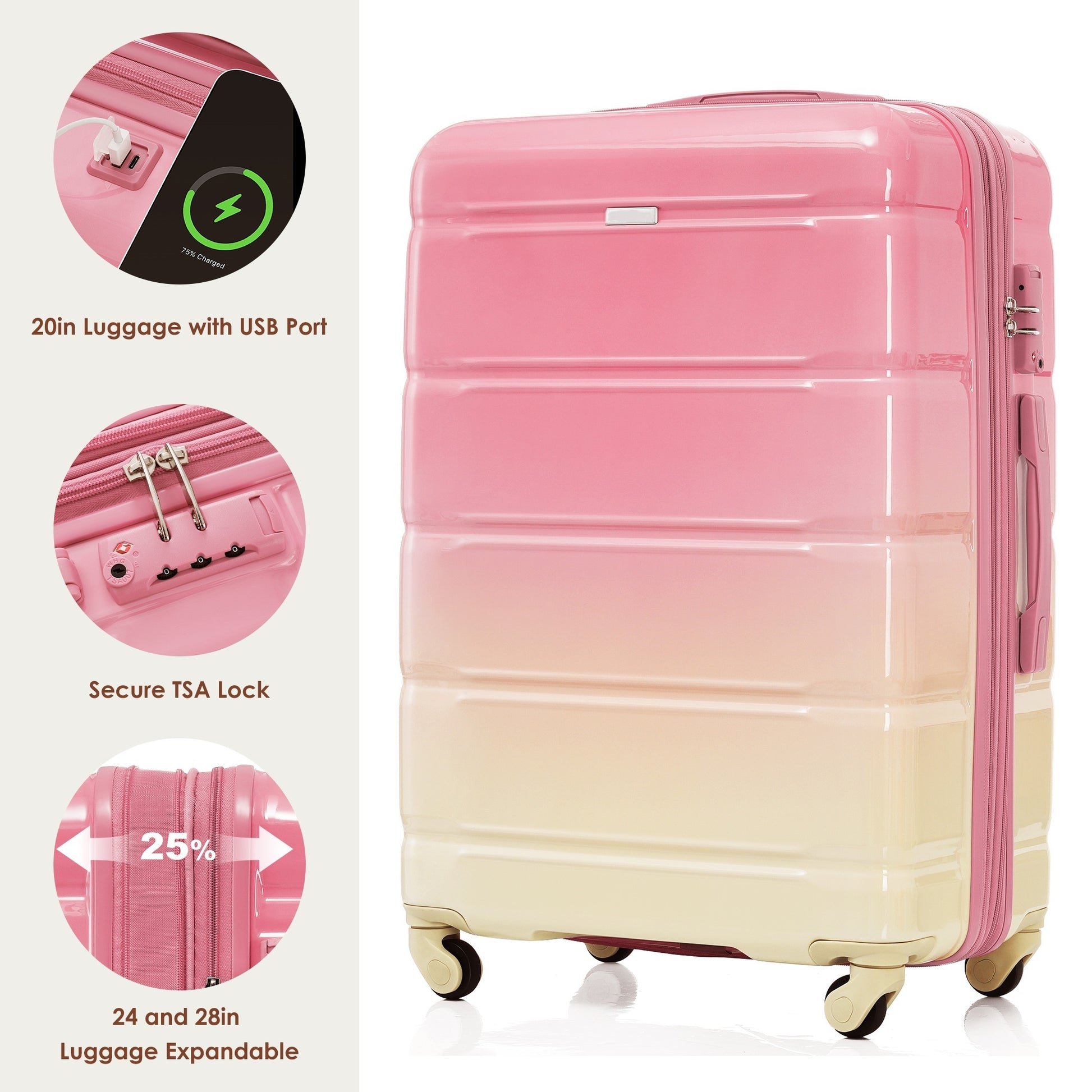 Luggage Sets 4 Piece, 20 Inch With Usb Port, Expandable Abs Durable Suitcase With Travel Bag, Cup Holder, Abs Pc Hard Shell Luggage With Spinner Wheels, Gradient Pink Pink Abs Pc