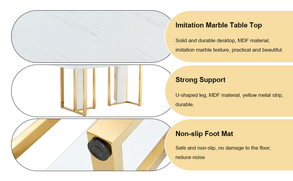 Table And Chair Set.67"X36" White Marble Pattern Mdf Dining Table Set With 6 Light Gray Pu Chairs.Mdf Sticker,White Marble Pattern Sticker,Gold C Tube Chair Legs,Suitable For Kitchen,Dining