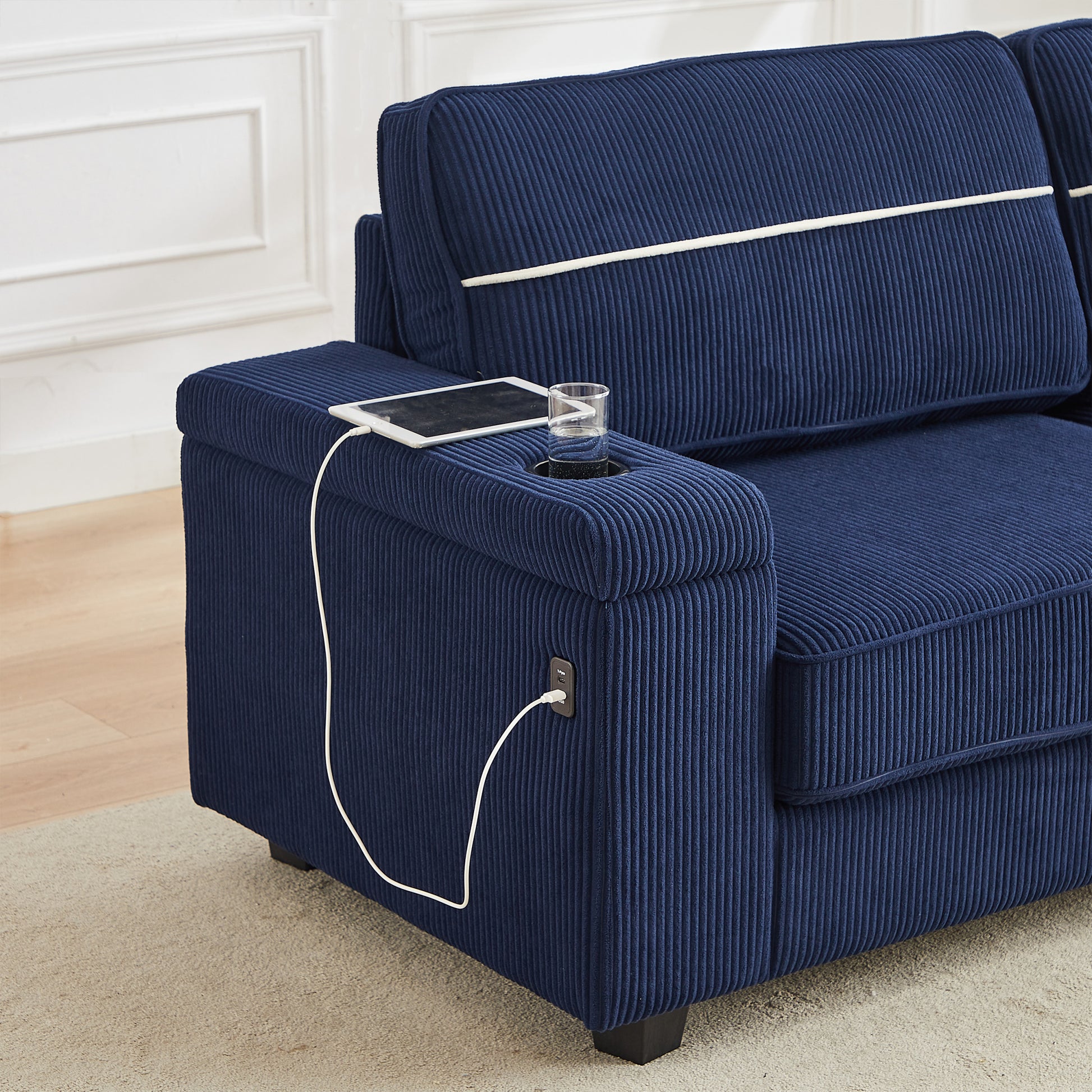 86.5 Inch Sofa Couch Deep Seat Sofa With Two Storage Spaces, T Pyce Charging Portsusb Charging Ports & 2 Cup ,Corduroy 3 Seater Couch, Modern Sofas For Living Room Blue Foam Corduroy 3 Seat