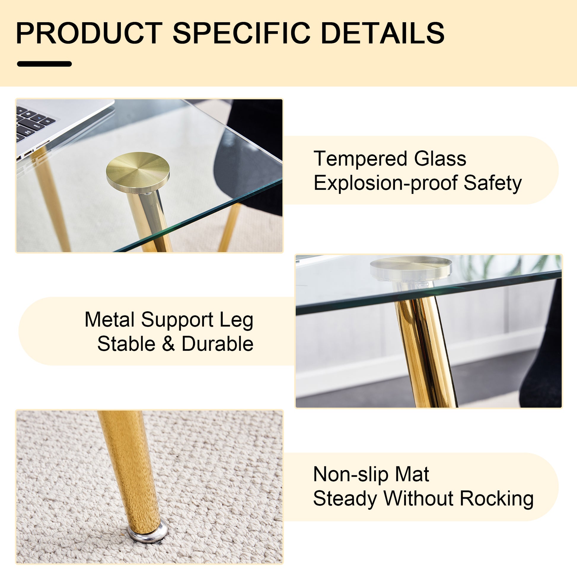 Modern Minimalist Rectangular Glass Dining Table For 4 6 With 0.31" Tempered Glass Tabletop And Golden Plating Metal Legs, Writing Table Desk, For Kitchen Dining Living Room, 51" *31"*30".F 1544 Golden Glass