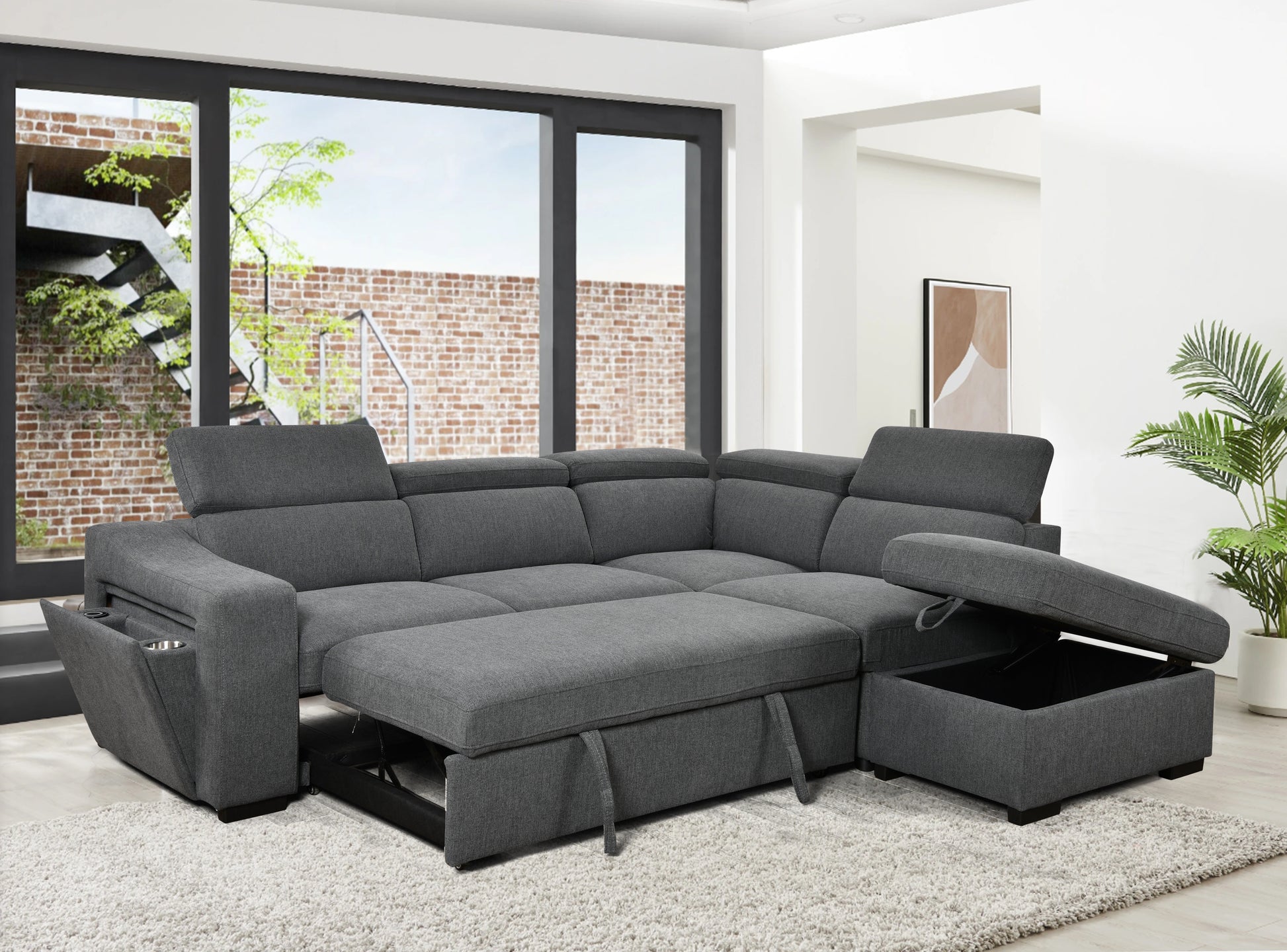 105"L Shape Sectional Sofa With Pull Out Bed And Ottoman Storage Space, Convertible Sleeper Couch, Arm With 1 Cup Holders And Wirelessly Charged, For Living Room, Apartment, Dark Gray Light Brown