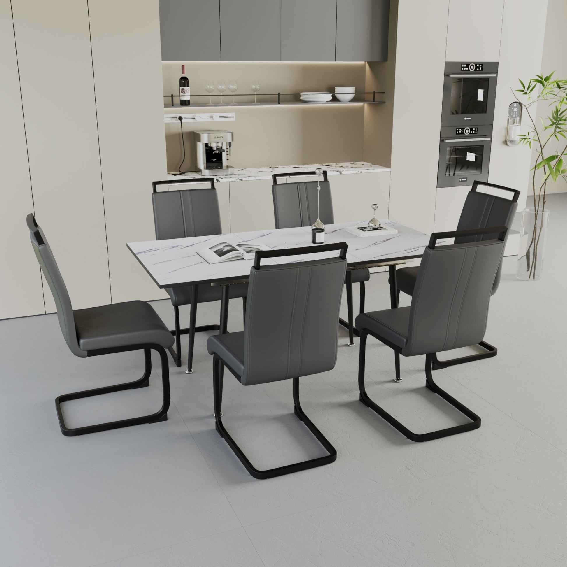 An Expandable Dining Table Set For 2 6 People, Equipped With A C Shaped Tubular Cushioned Armless Dining Chair And An Elegant And Spacious Dining Table Kitchen Table And Chair Set, With Metal Legs Grey White Mdf