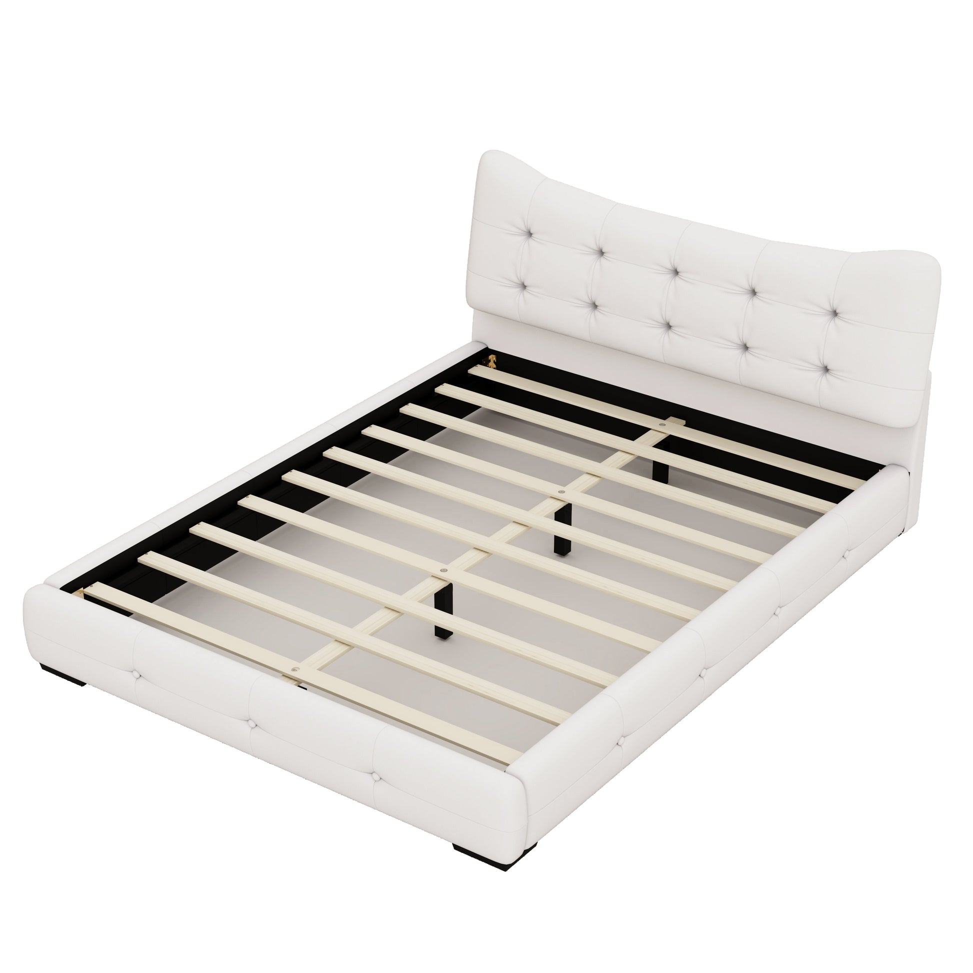 Modern Pu Upholstered Queen Bed With Ergonomic Wingback Headboard, No Box Spring Needed, Cream Box Spring Not Required Queen Cream Composite Bedroom Contemporary Bed Frame Pu,Upholstered