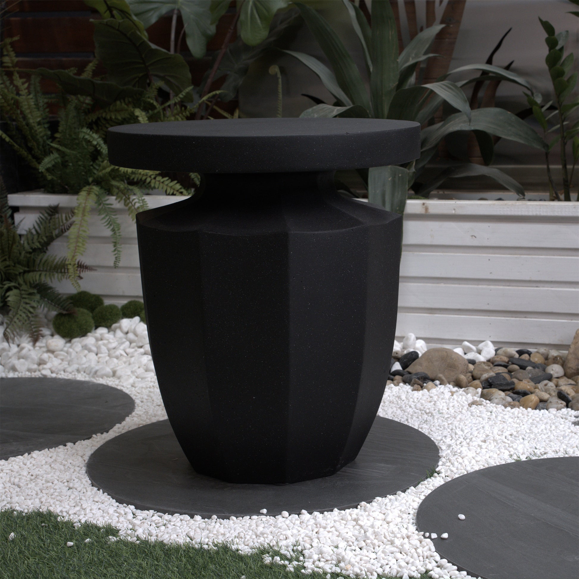 Decorative Garden End Table, 20.3" H Modern Heavy Duty Patio Sturdy Faux Terrazzo Accent Table Side Table Plant Table For Indoor Outdoor Black Magnesium Oxide