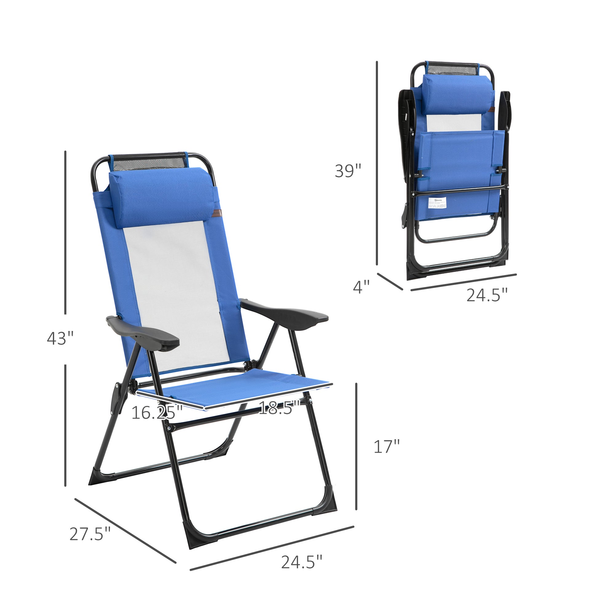 Outsunny Folding Patio Chairs Set Of 2, Outdoor Deck Chair With Adjustable Sling Back, Camping Chair With Removable Headrest For Garden, Backyard, Lawn, Blue Blue Steel