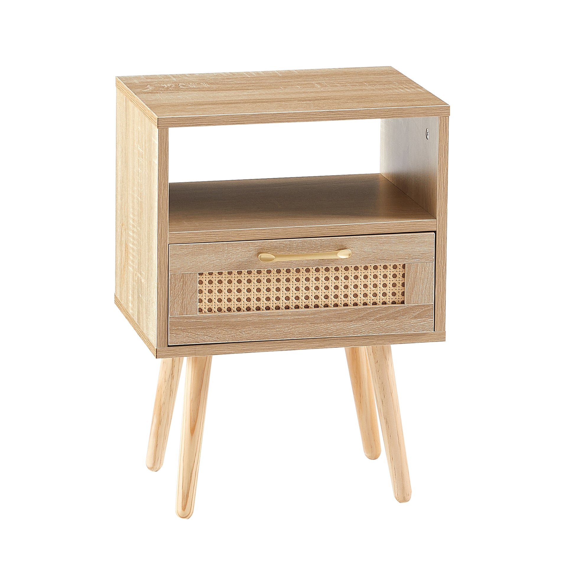 15.75" Rattan End Table With Drawer And Solid Wood Legs, Modern Nightstand, Side Table For Living Room, Bedroom,Natural Natural Mdf