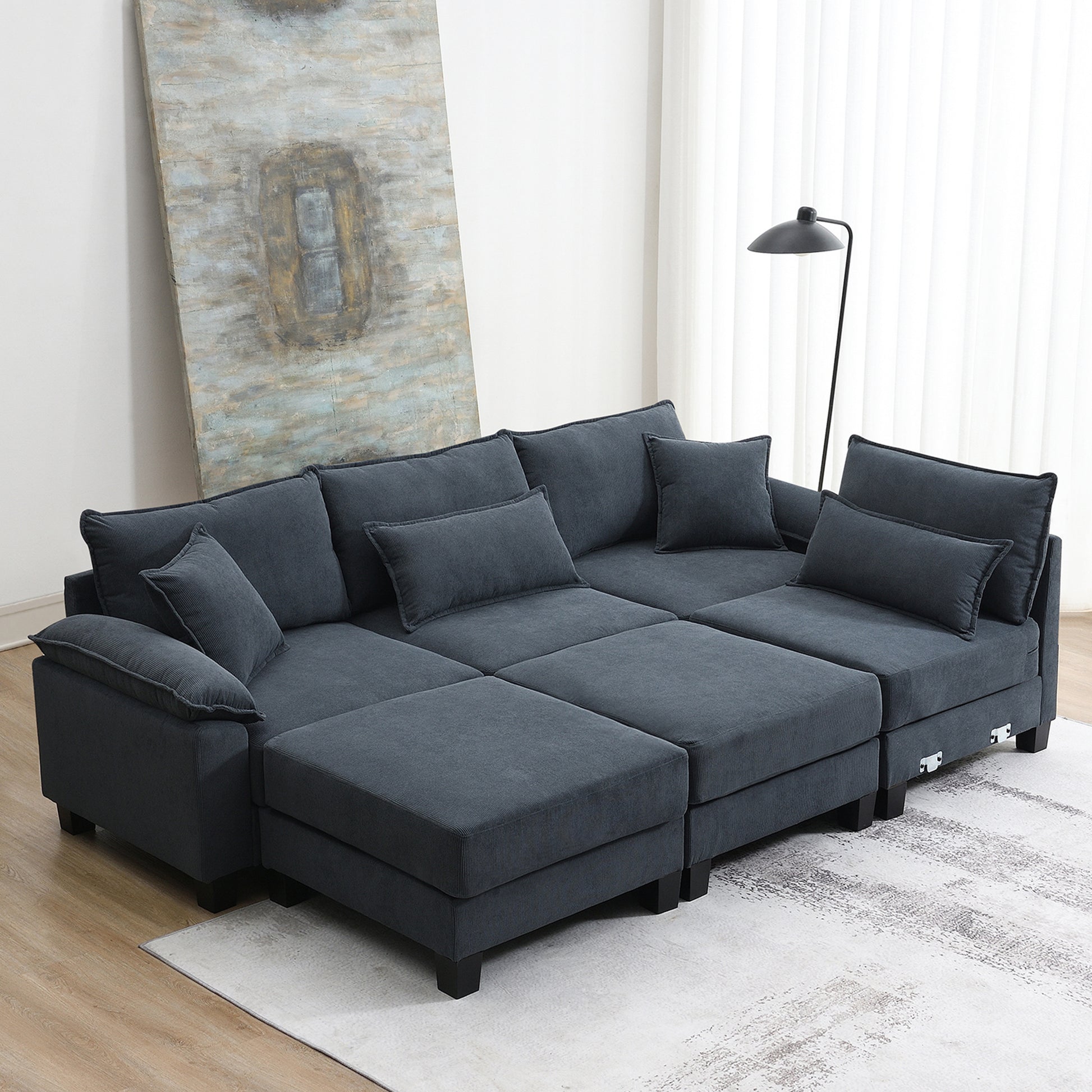 Wide Seat Corduroy Modular Sectional Sofa Bed,Sleeper Couch Set With Armrest Pillow,6 Seat Free Combination Sofa With Ottomans,Oversized Indoor Furniture For Living Room, 2 Colors Gray Corduroy 6