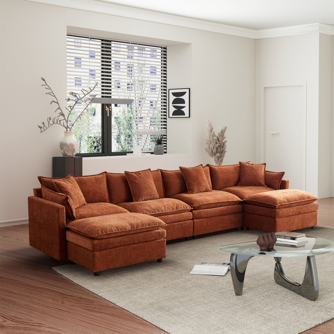 142.52"Modern Chenille U Shaped Sectional Sofa With Convertible Chaise, Comfy Cloud Couch Deep Sectional Sofa With Ottomans For Living Room Orange Wood Foam Chenille 4 Seat