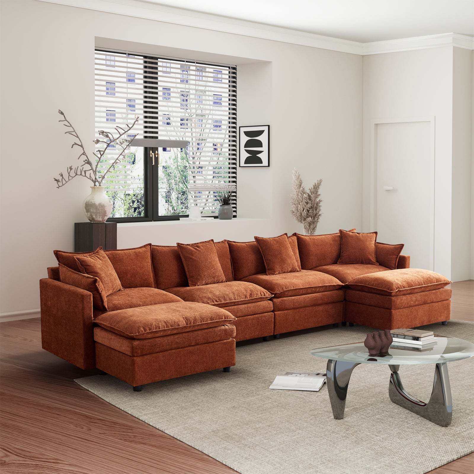 142.52"Modern Chenille U Shaped Sectional Sofa With Convertible Chaise, Comfy Cloud Couch Deep Sectional Sofa With Ottomans For Living Room Orange Wood Foam Chenille 4 Seat