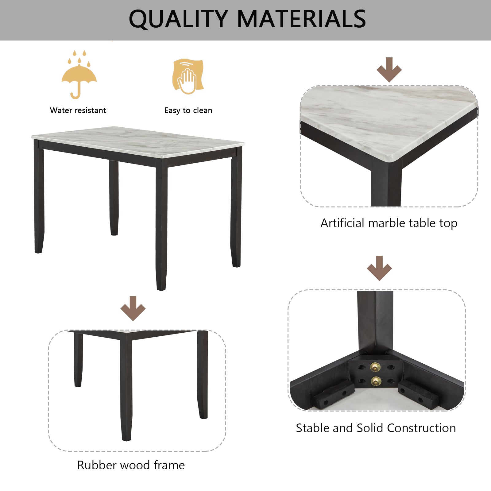 Faux Marble Dining Rectangular Table, 4 Person Wood Dining Table, White Dark Espresso Gray Upholstered Chair Faux Marble White Dark Espresso Gray Seats 4 Wood Dining Room Rectangular 4 Leg Rectangular Dining Table With Chair Mdf,Paper,Rubber Wood