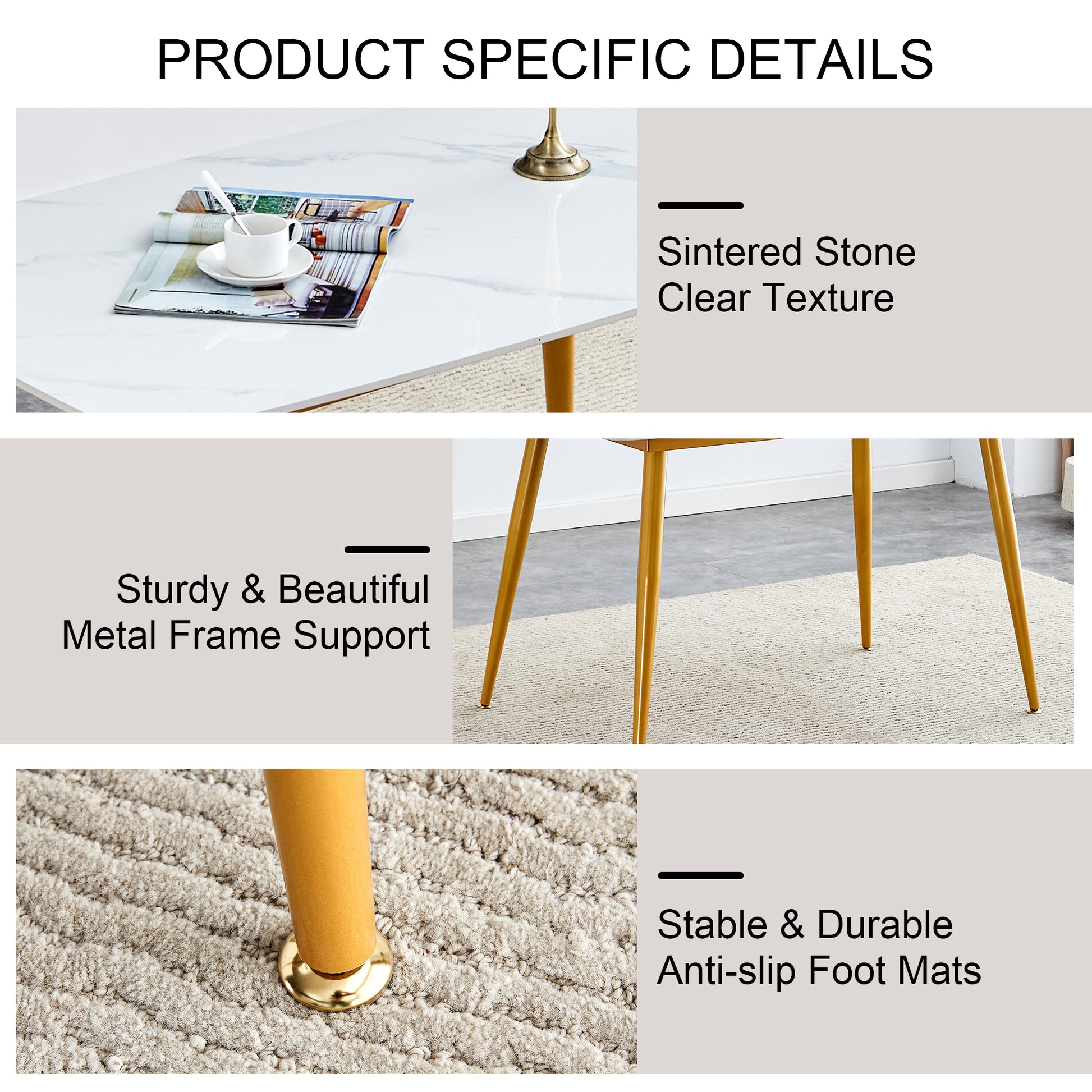 Table And Chair Set.A Morden Table With White Imitation Marble Patterned Stone Burning Tabletop With Golden Metal Legs.Paried With 4 Chairs With Pu Leather Backrest And Black Metal Legs. Grey Brown,White Gold Seats 4 Metal,Sintered Stone