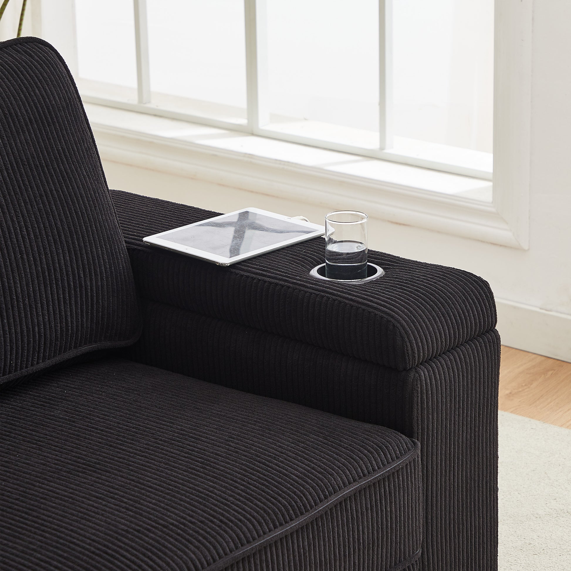 86.5 Inch Sofa Couch Deep Seat Sofa With Two Storage Spaces, T Pyce Charging Portsusb Charging Ports & 2 Cup ,Corduroy 3 Seater Couch, Modern Sofas For Living Room Black Foam Corduroy 3 Seat
