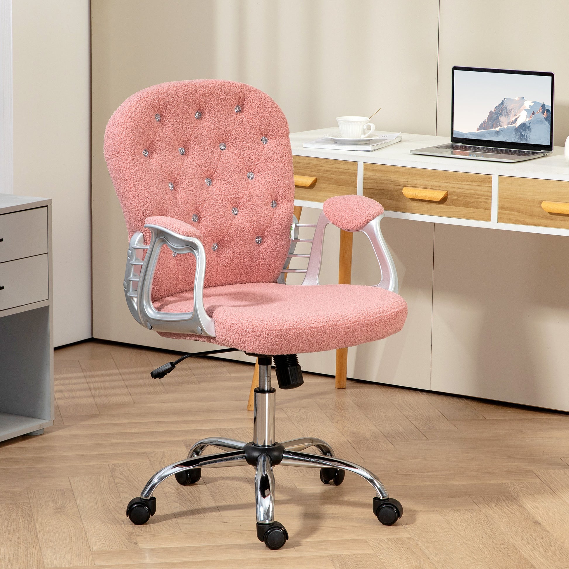 Vinsetto Teddy Fleece Home Office Chair, Button Tufted Desk Chair With Padded Armrests, Adjustable Height And Swivel Wheels, Pink Pink Steel