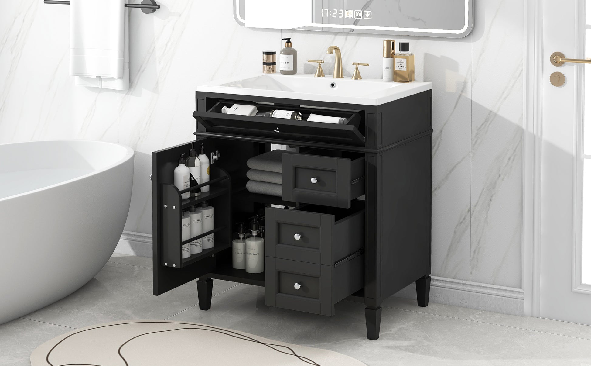 30'' Bathroom Vanity With Top Sink, Modern Bathroom Storage Cabinet With 2 Drawers And A Tip Out Drawer, Single Sink Bathroom Vanity Black Bathroom Solid Wood Mdf