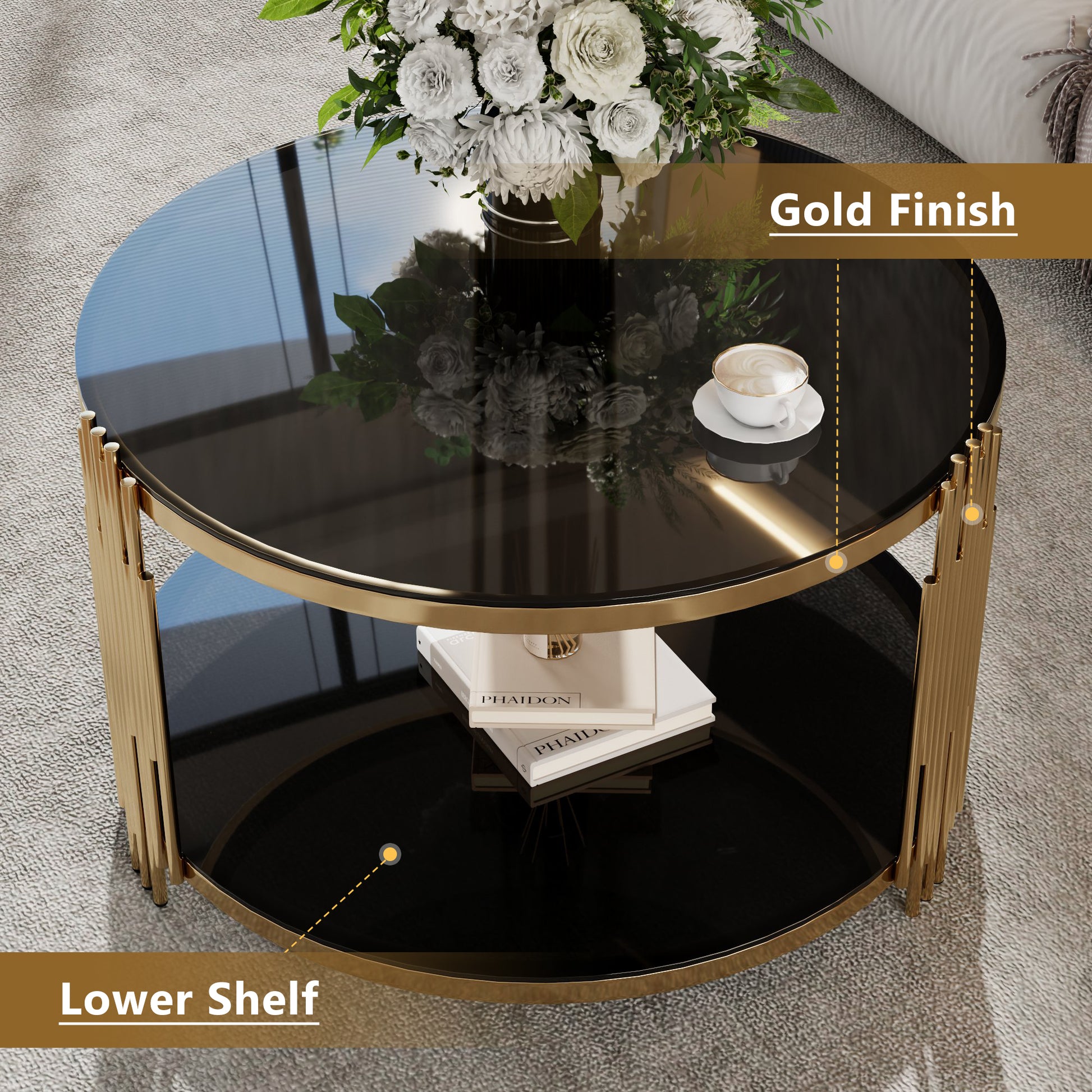 Modern Black Mirror Coffee Table, Asymmetrical Metal, Circular Metal Drum Base, Gold Finish & Lower Shelf Black Tempered Glass