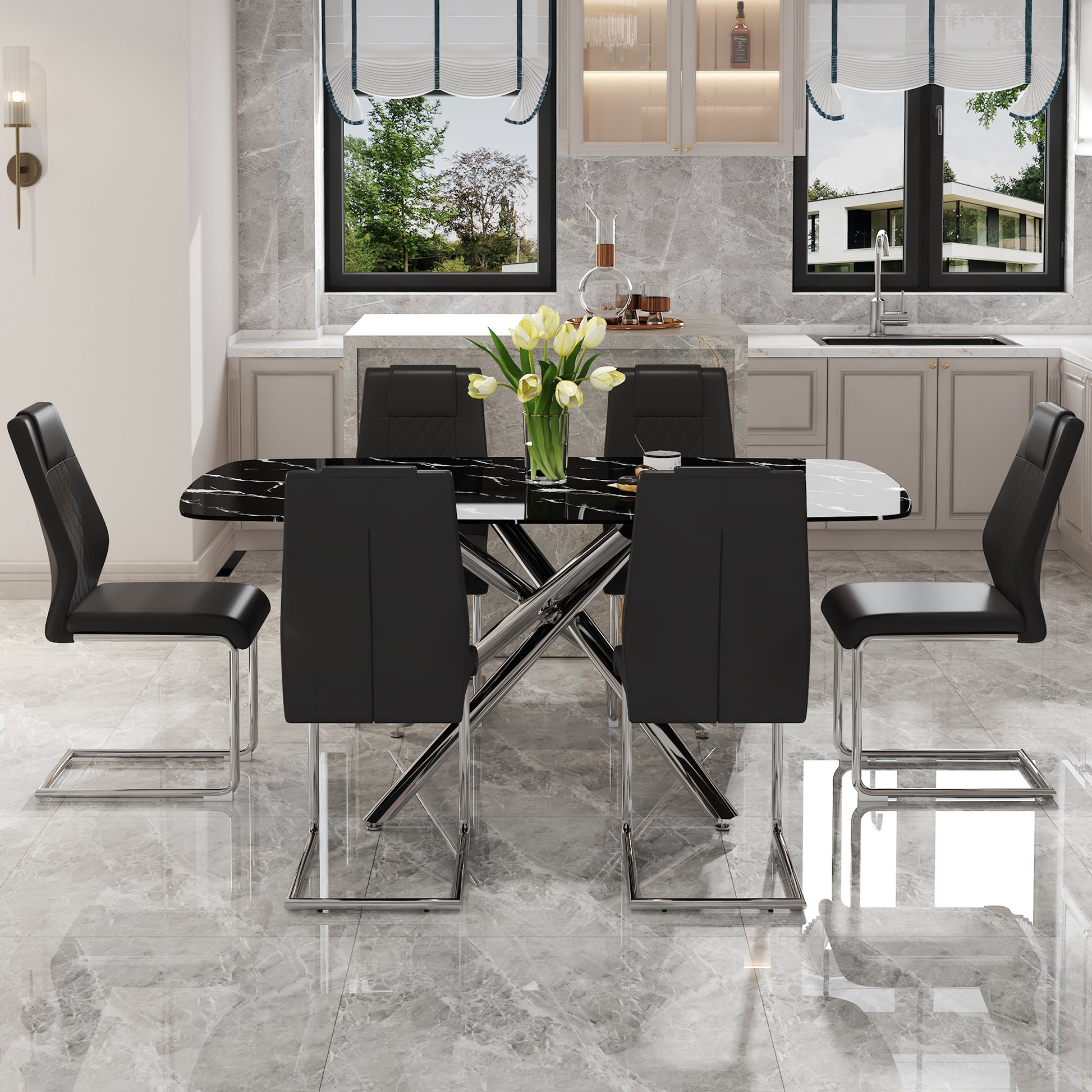 Table And Chair Set, Large Modern Minimalist Rectangular Dining Table, 0.39 "Imitation Marble Tabletop And Silver Metal Legs, Soft Leather Seats. F 1537 Silver Glass Metal