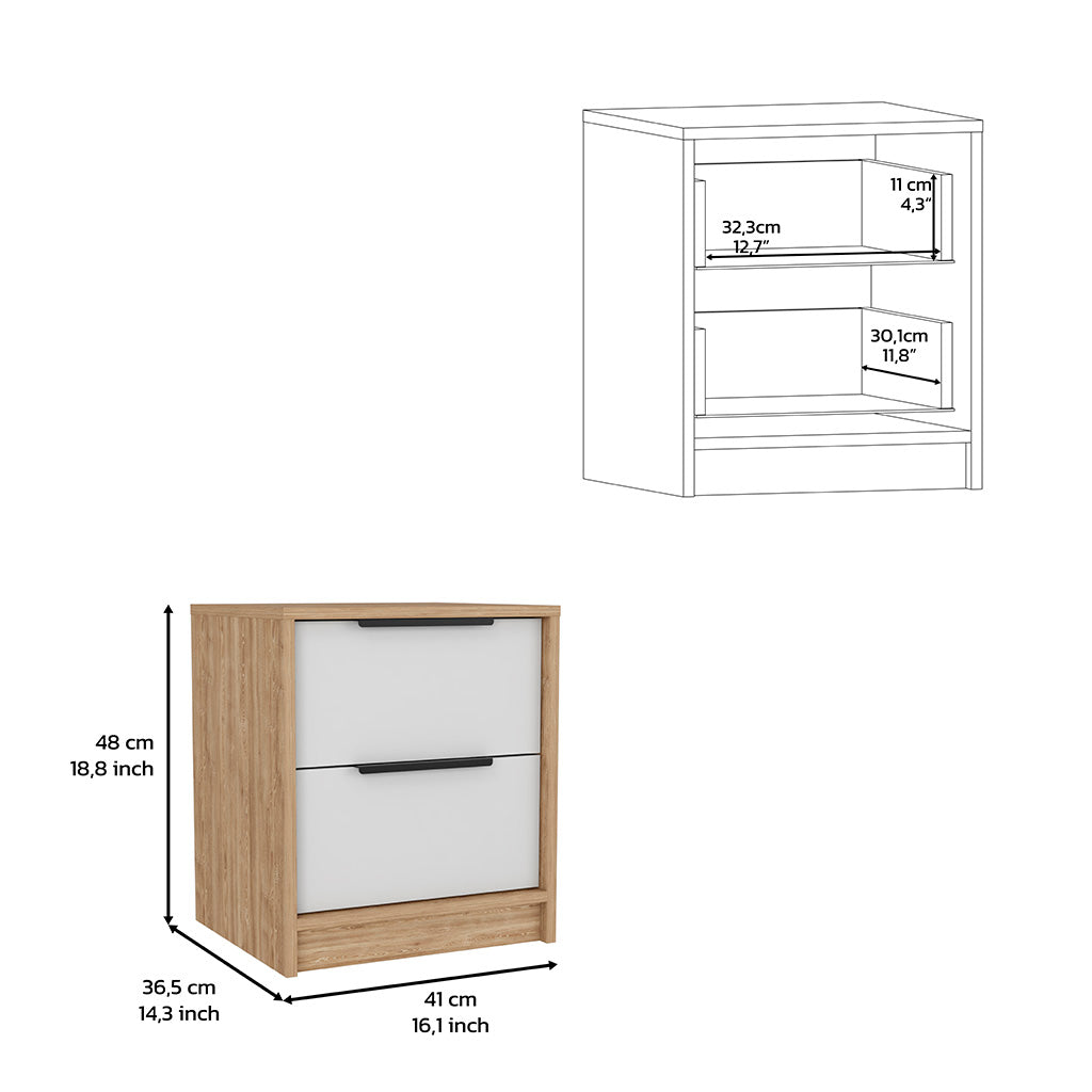 Modern Nightstand 19" H, Two Drawers, White Light Oak Multicolor Particle Board Particle Board