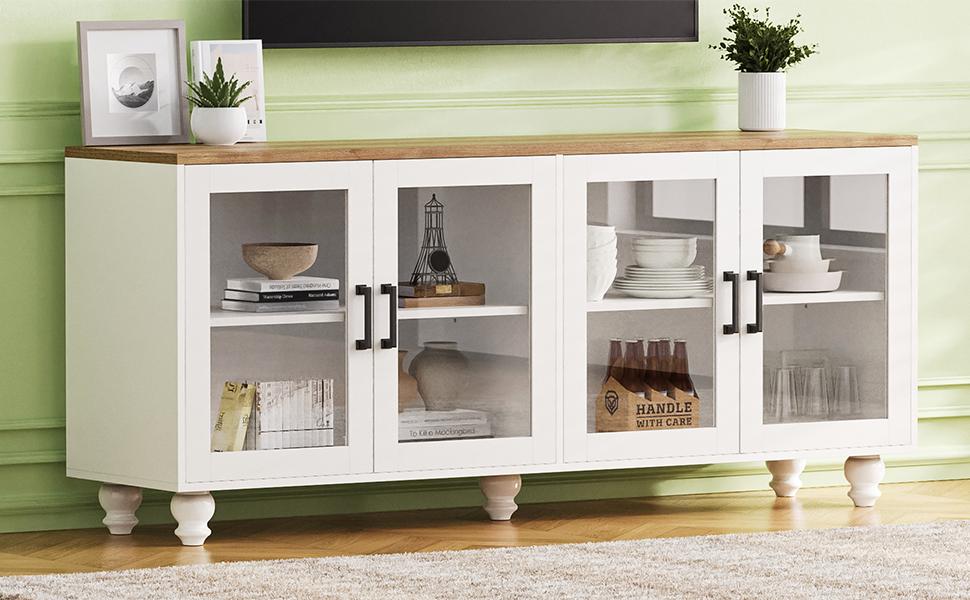 Farmhouse Tv Stand With Tempered Glass Doors For Tvs Up To 70", Versatile Sideboard With Adjustable Shelves, Elegant Buffet Cabinet With 5 Solid Wood Gourd Shaped Legs For Living Room, White White