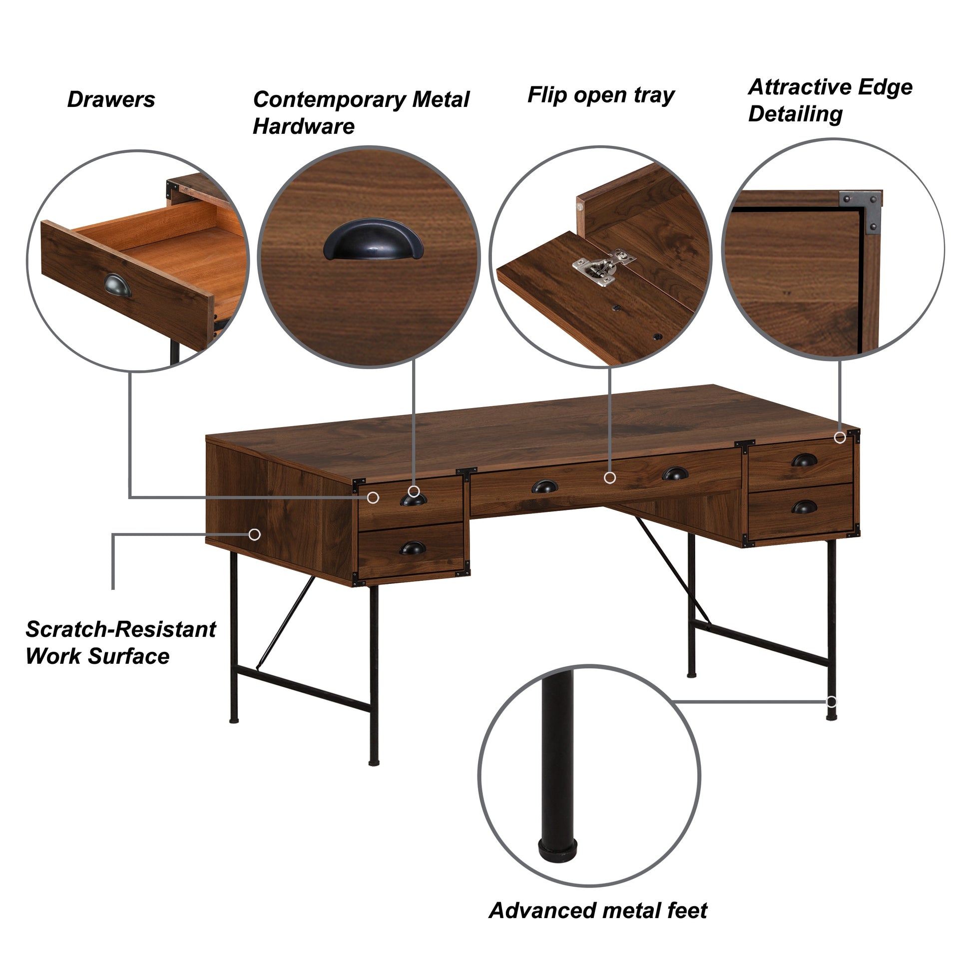 59" Writing Desk "Versatile Walnut Office Desk With Contemporary Metal Frame & Multiple Storage Drawers" Brown Solid Wood