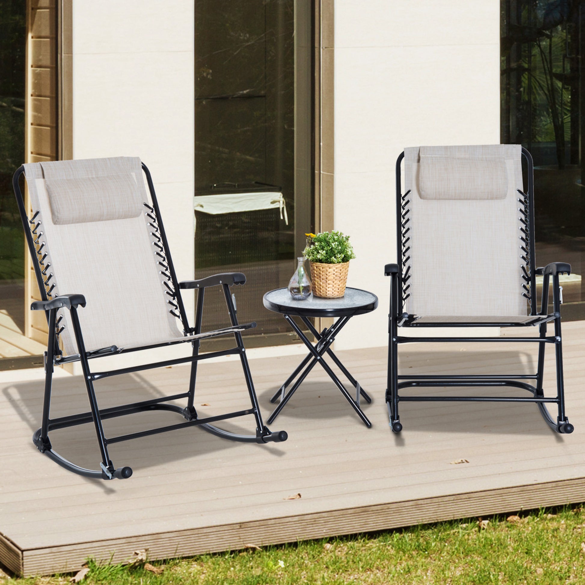 Outsunny 3 Piece Outdoor Rocking Chair Set, Patio Folding Lawn Rocker Set With Glass Coffee Table, Headrests For Yard, Patio, Deck, Backyard, Cream White Cream White Fabric