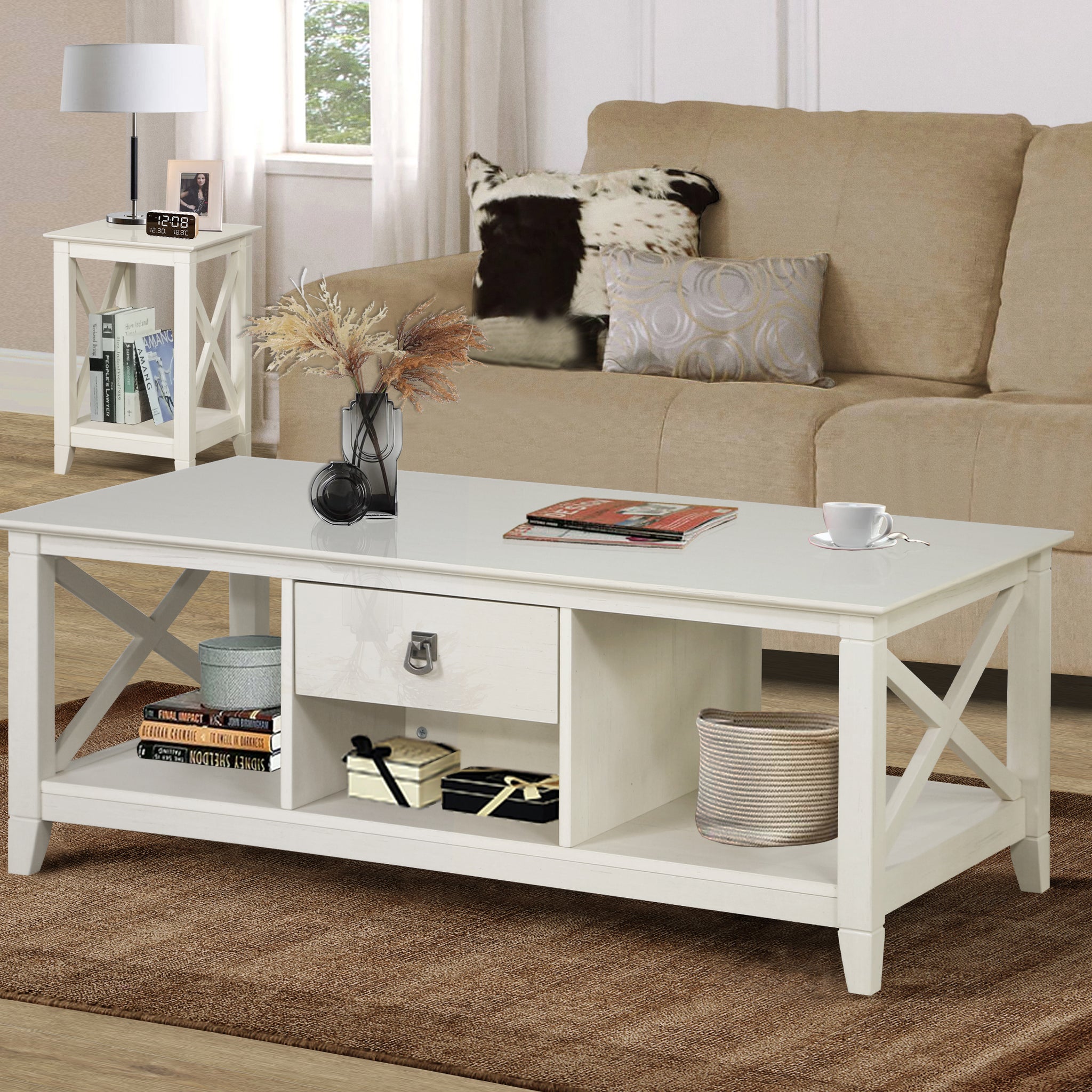 Coffee Table With 2 Drawers Charming Antique White Coffee Table With Rustic Farmhouse Flair Spacious Drawer And Open Shelf Storage Perfect For Living Room Elegance White Solid Wood