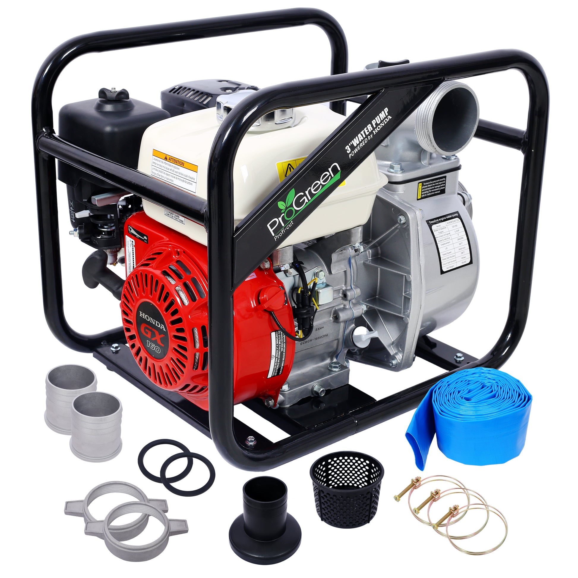 Water Pump 3" 264Gpm ,163Cc Honda Gx160 Engine, 3In Npt Coupler With 25Ft Flat Hose Black Red Aluminum