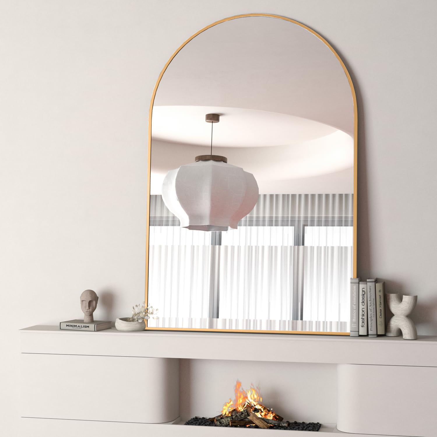 Gold 24X32 Inch Metal Arch Barhroom Mirror Gold Classic Mdf Glass Aluminium