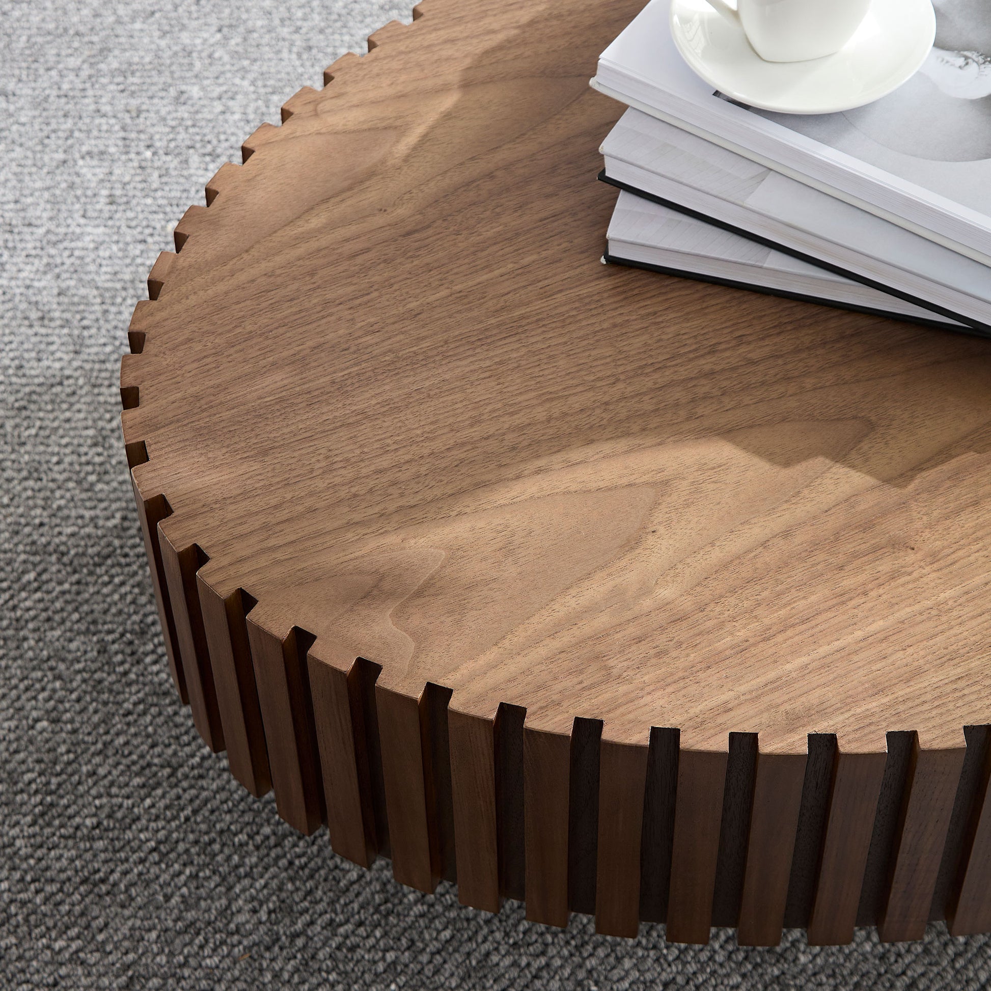 Modern Handcraft Drum Coffee Table Length 43.7 Inch Ellipse Coffee Table For Living Room,Small Coffee Table With Sturdy Pedestal,Walnut Mdf Walnut Mdf