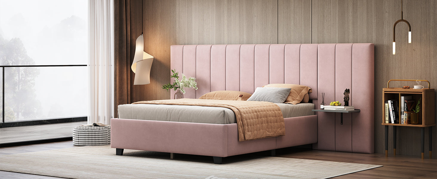 Full Size Upholstered Platform Bed With Big Headboard, Bedroom Furniture, Velvet, Pink Full Pink Plywood