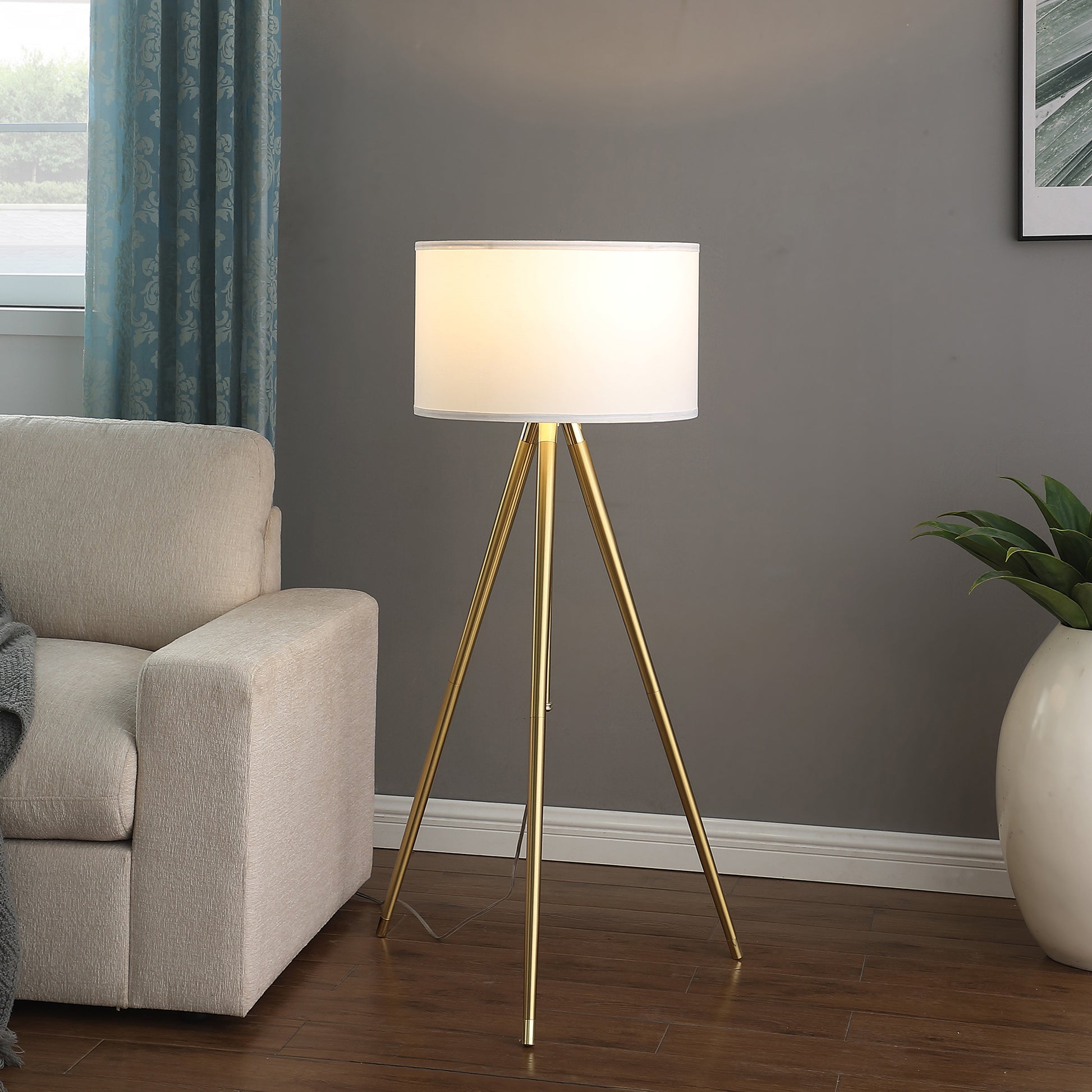 64" 47"H Adjustable Height Brass Shiny Gold Modern Tripod Floor Lamp For Living Room, Standing Lamp For Bedroom Gold White Fabric Metal